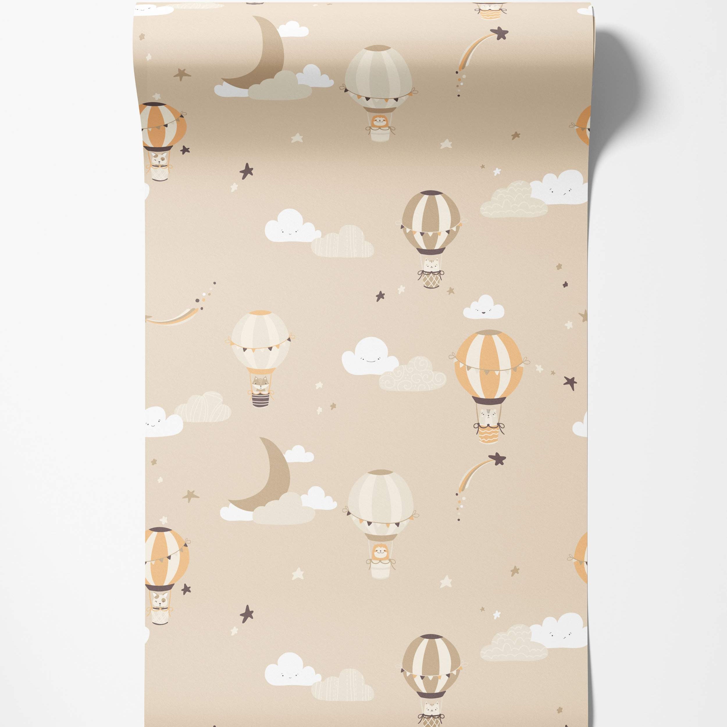 Wallpaper with cartoon animals in hot air balloons, clouds, stars, and moons on a beige background. Soft white, orange, brown tones.