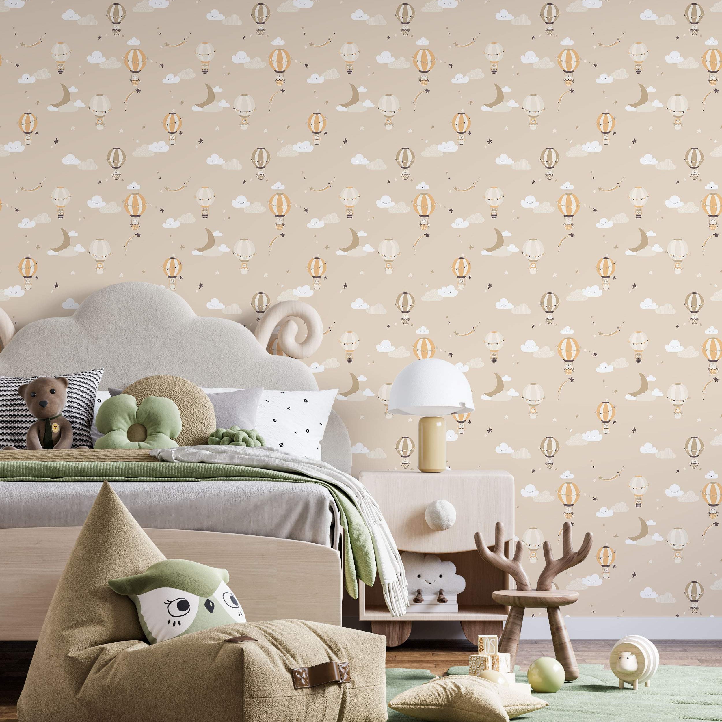 Cute children's wallpaper featuring hot air balloons, moons, clouds, and stars in beige, brown, orange, and white.