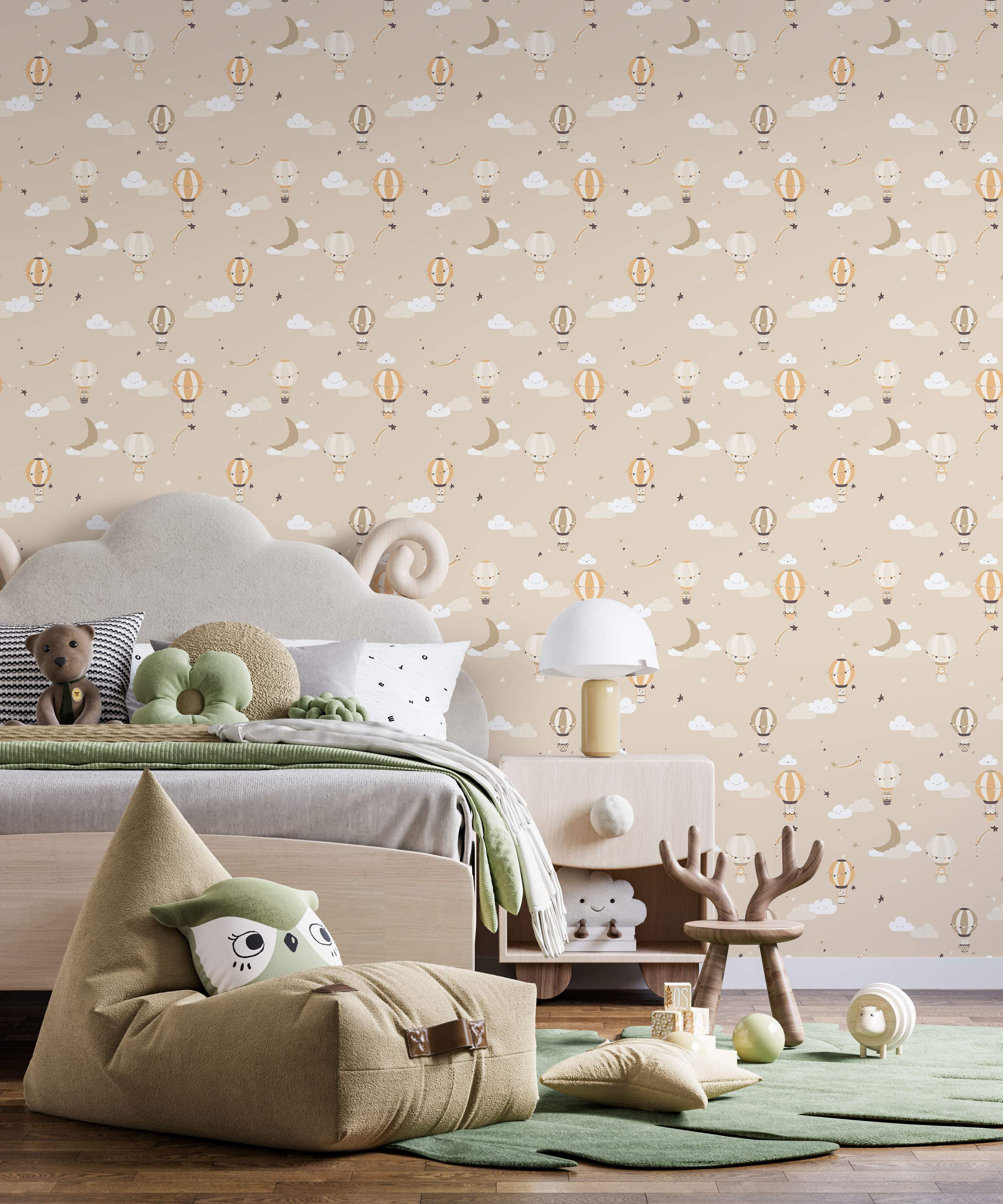 Cute children's wallpaper featuring hot air balloons, moons, clouds, and stars in beige, brown, orange, and white.