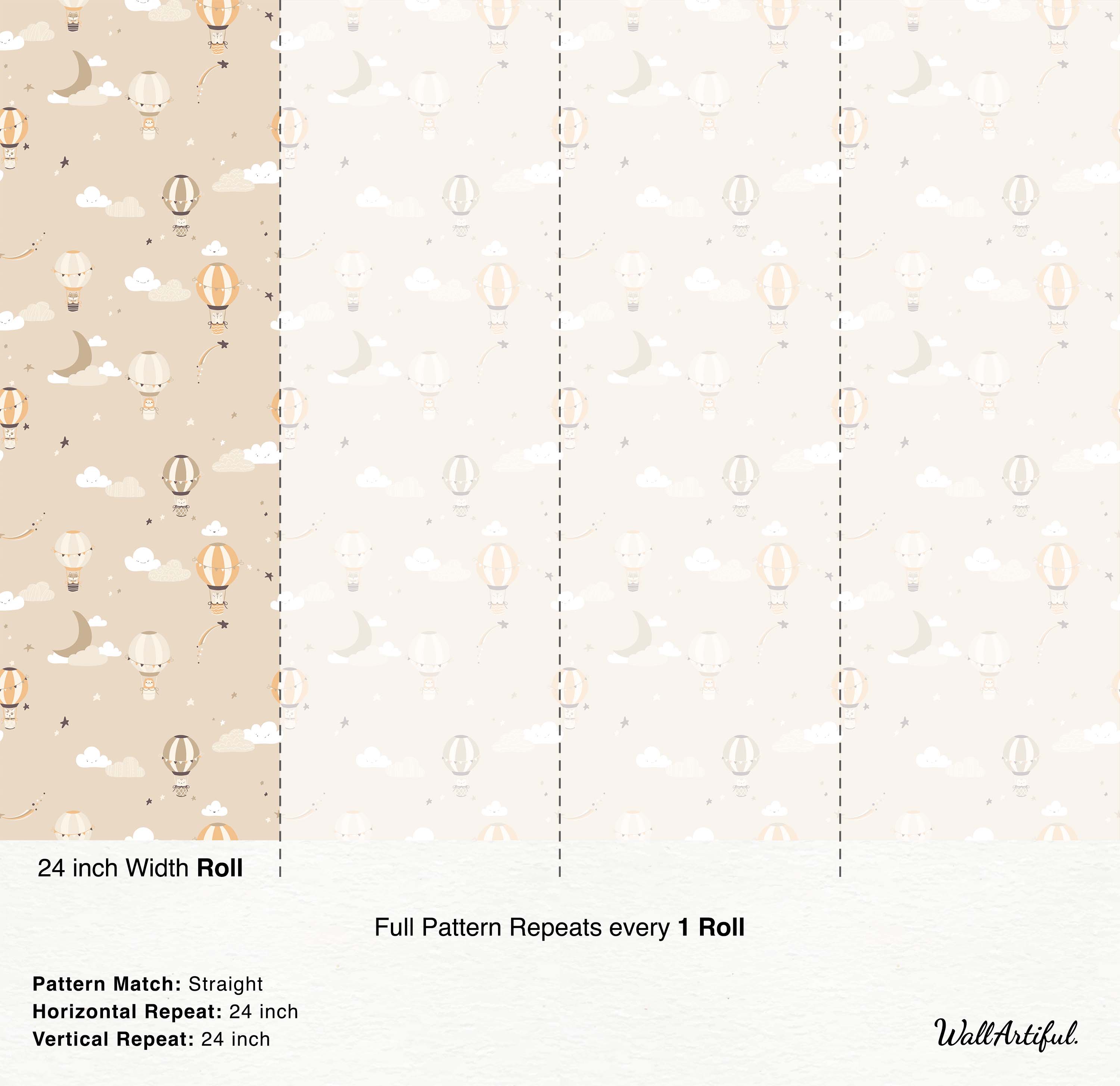 Children's wallpaper featuring illustrated hot air balloons with animals, moons, stars, and clouds in beige, brown, and cream.