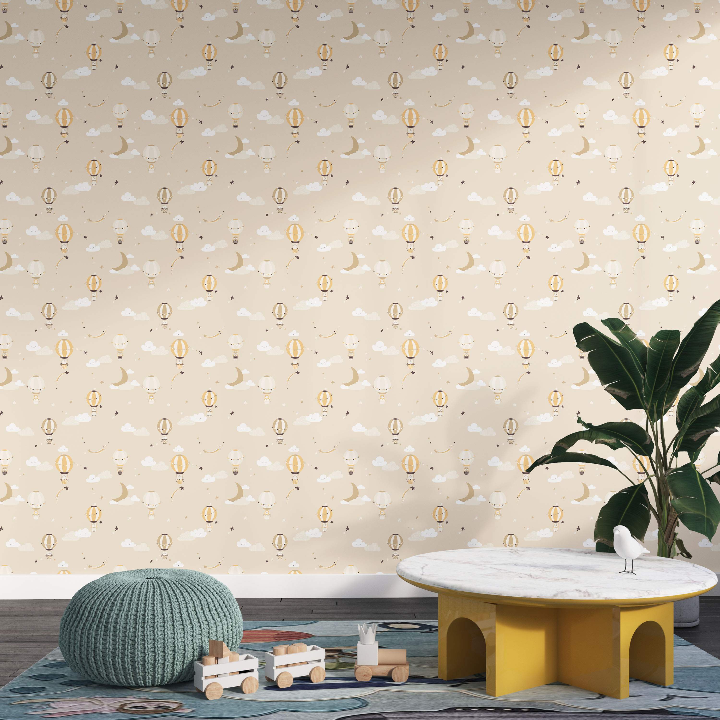 Children's wallpaper with a repeating pattern of cute hot air balloons, moons, clouds, and stars on a beige background.
