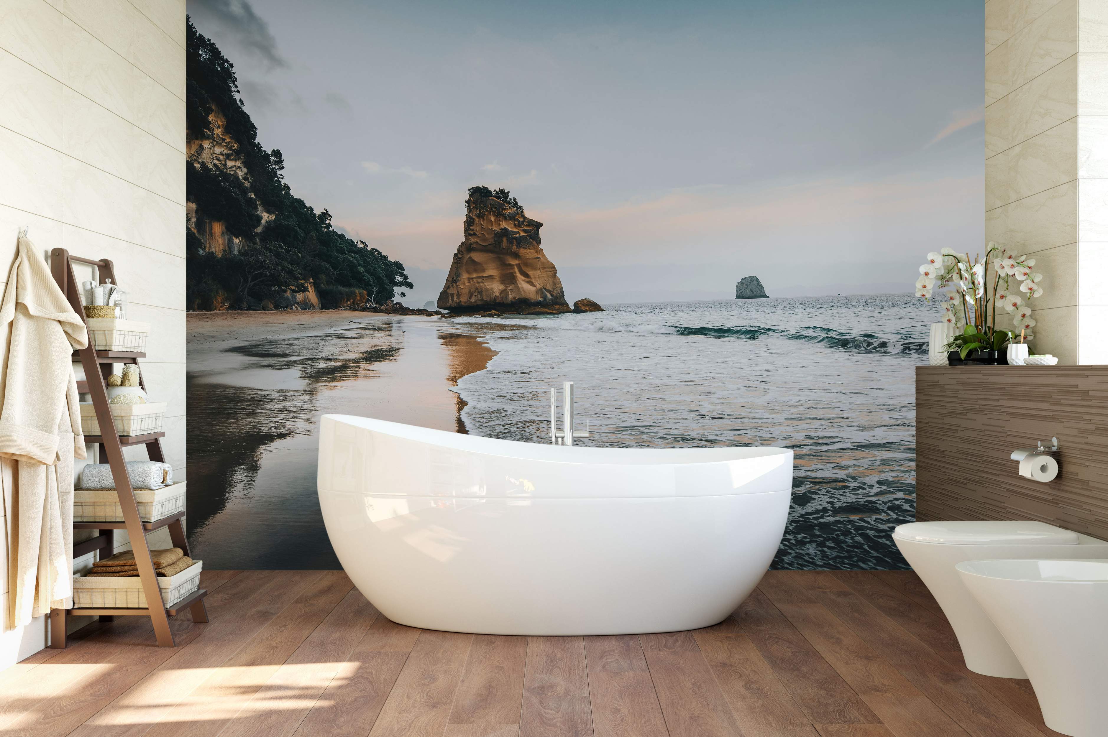 Realistic coastal mural featuring a large rock formation on a wet sandy beach with gentle waves and a distant sea stack.