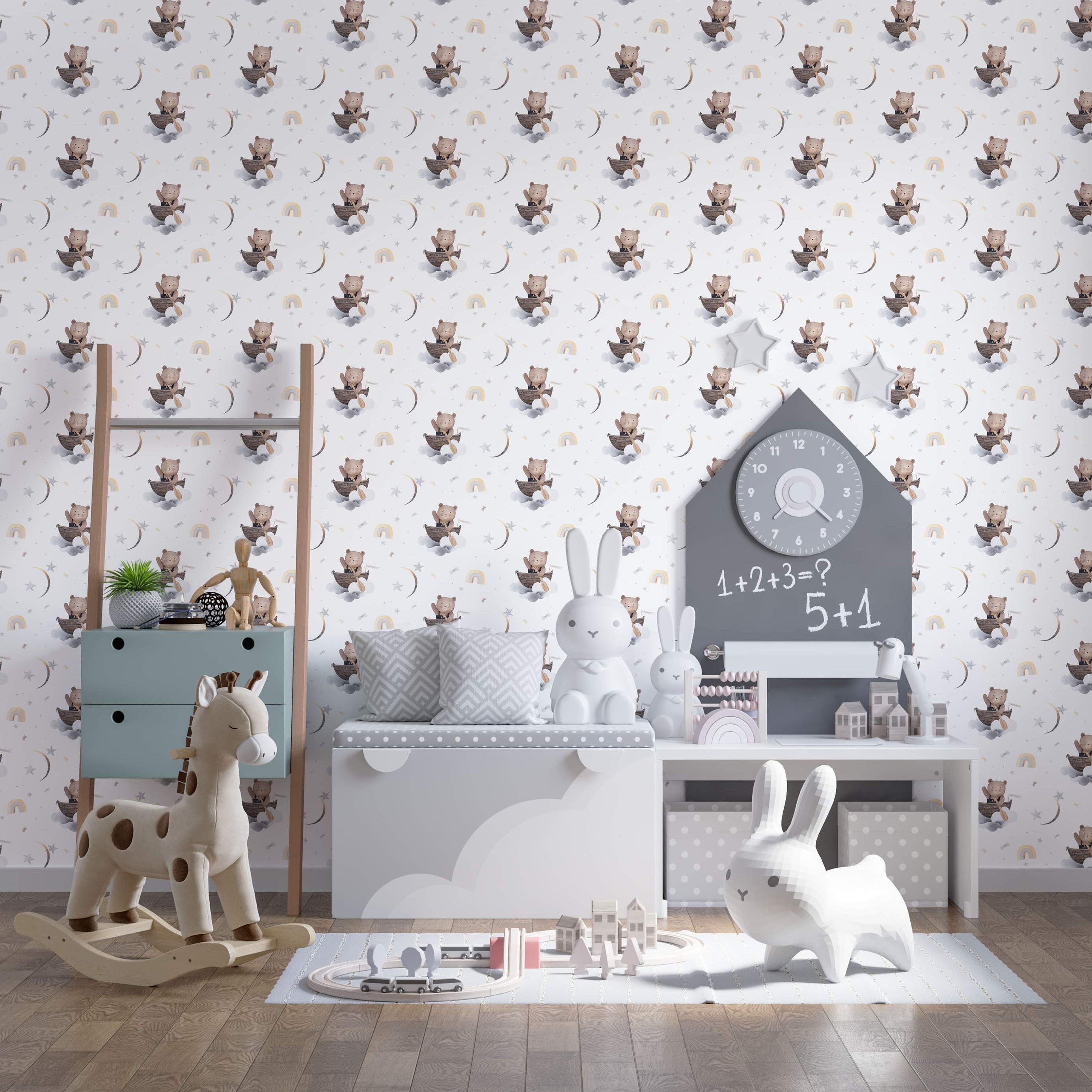 Children's wallpaper featuring cute brown bears paddling boats on clouds amid grey stars, yellow moons, and soft rainbows.