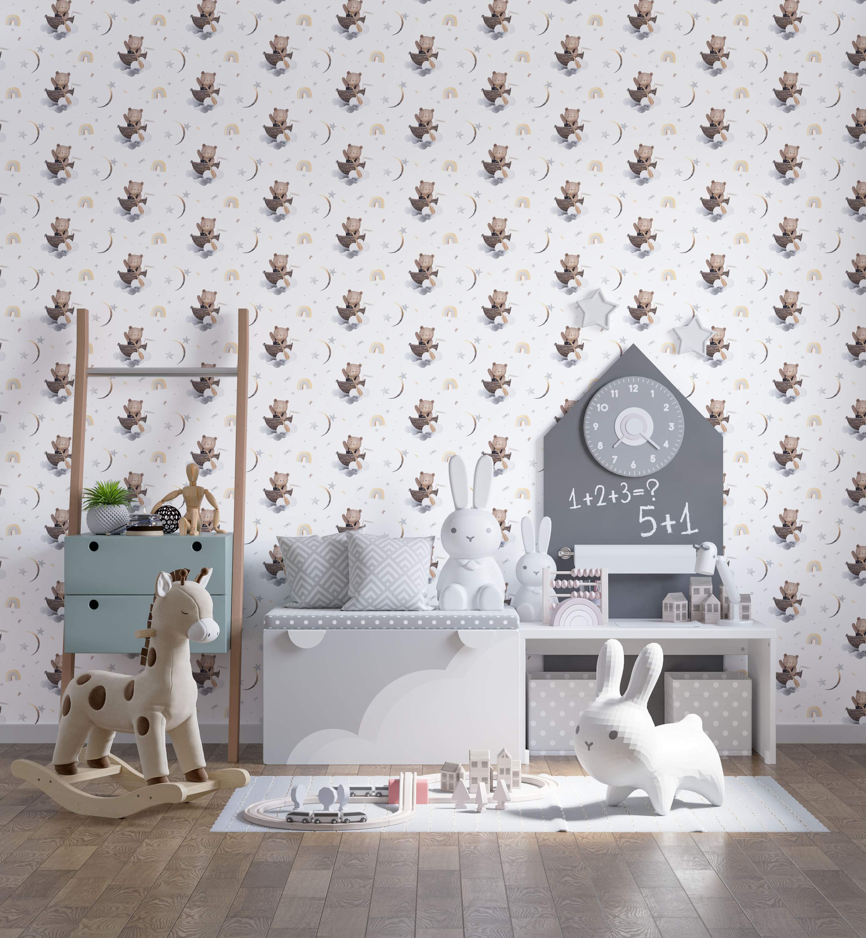 Children's wallpaper featuring cute brown bears paddling boats on clouds amid grey stars, yellow moons, and soft rainbows.