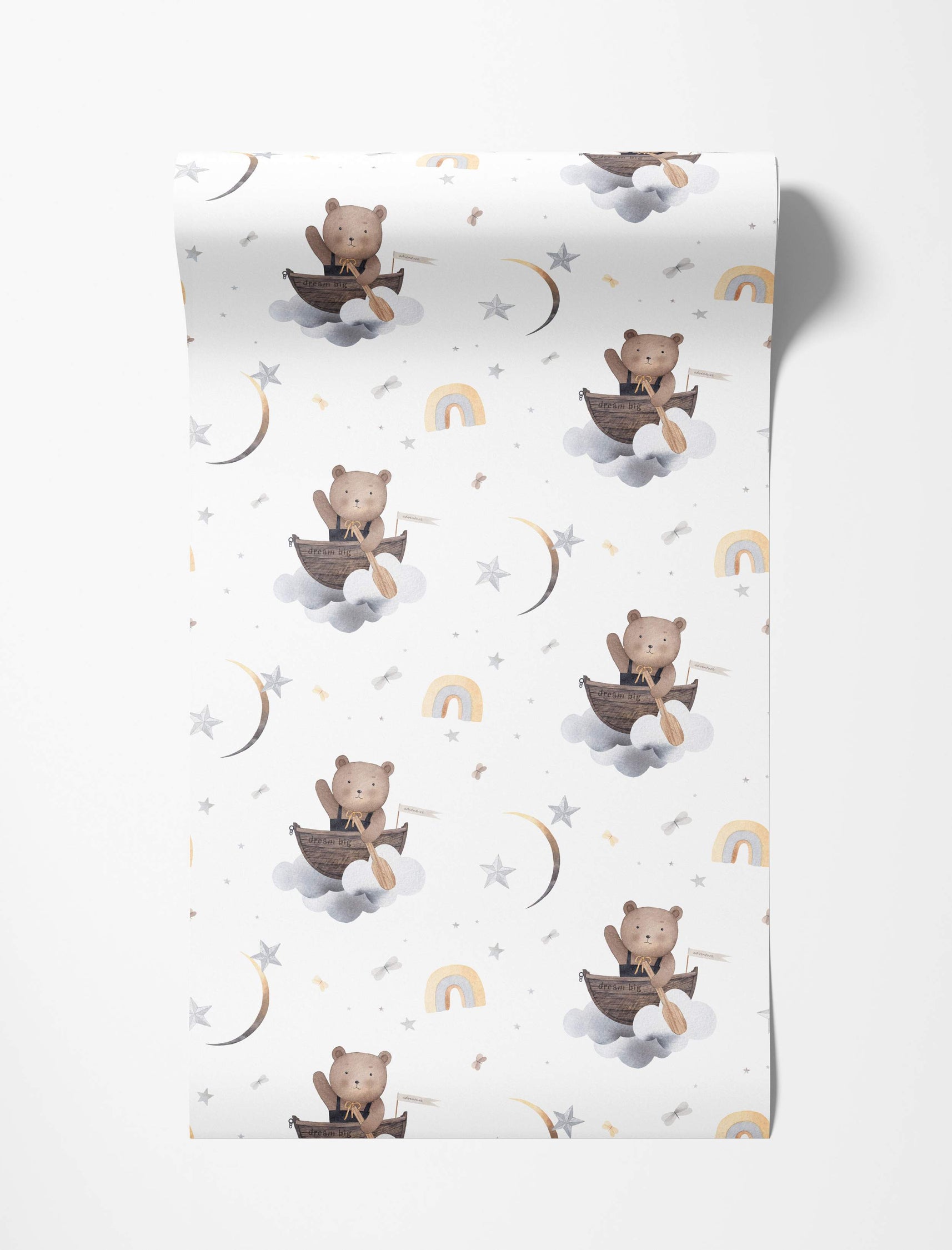 Cute wallpaper with watercolor teddy bears rowing boats on gray clouds, surrounded by yellow moons, stars, and rainbows.