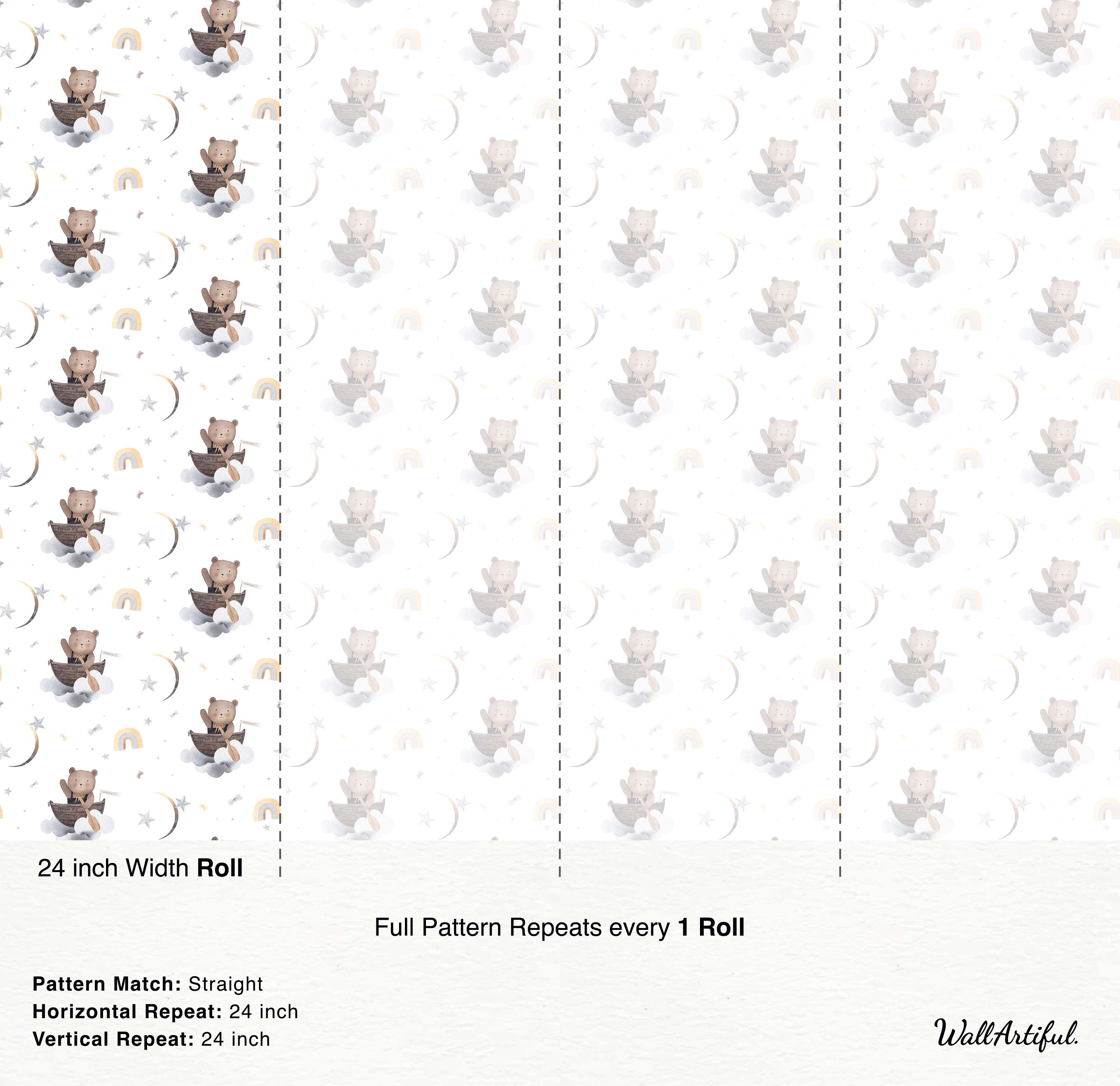 Watercolor wallpaper featuring cute brown bears waving from boats on clouds, amidst stars, moons, and pale yellow rainbows.