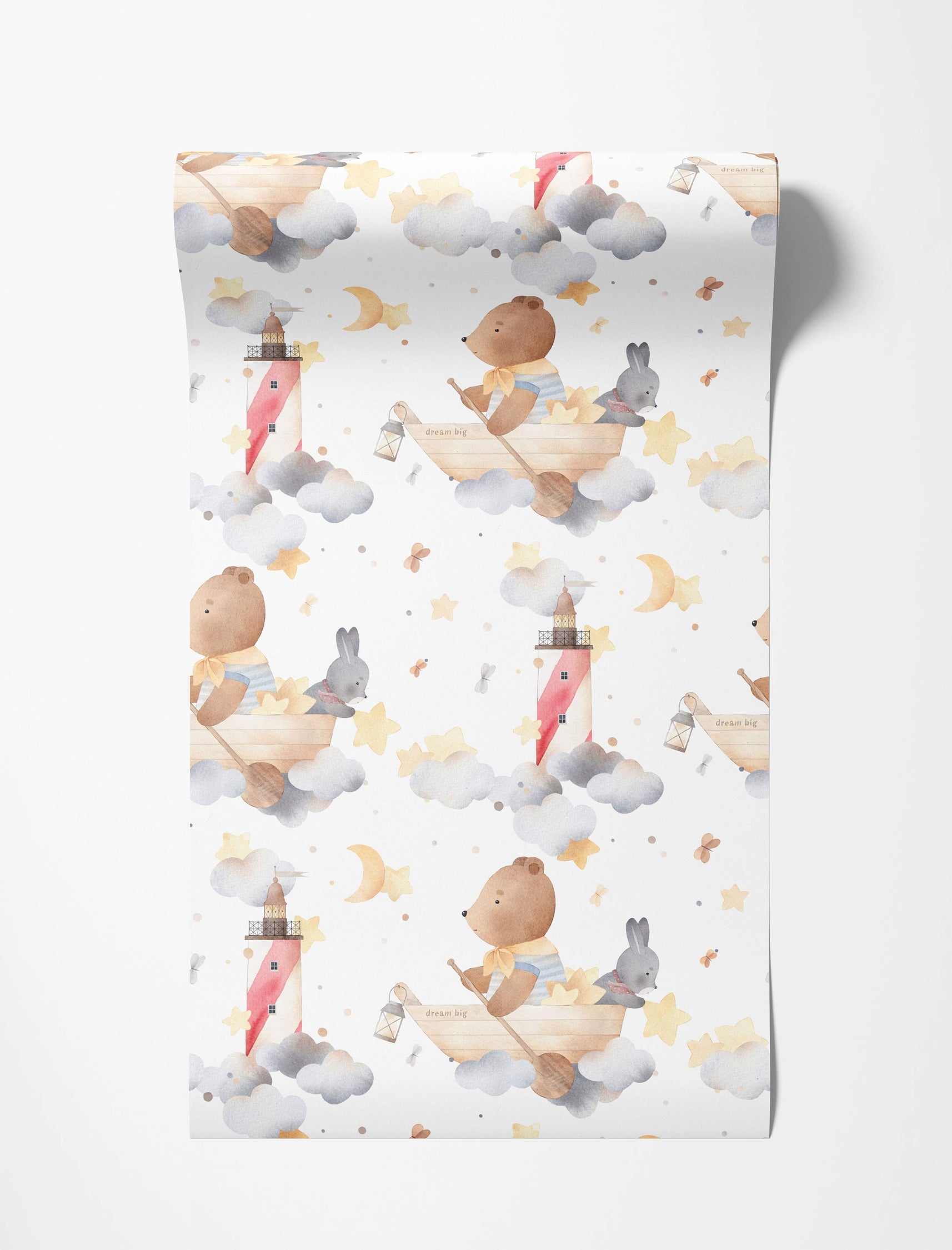 Watercolor wallpaper featuring a bear and rabbit in a boat, lighthouse, clouds, stars, and moons in soft brown, gray, and yellow.