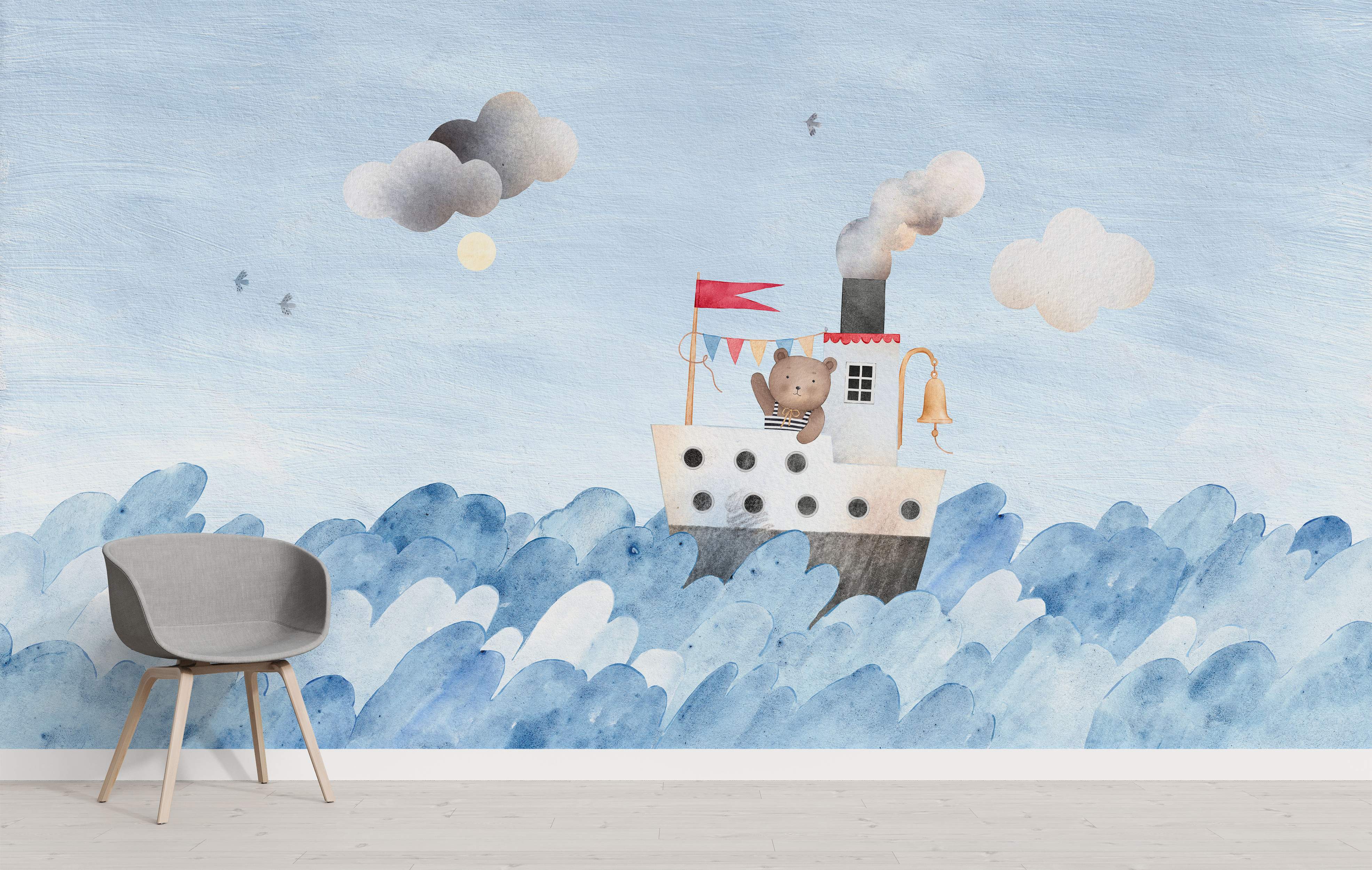 Watercolor children's mural featuring a bear waving from a steamboat on stylized blue waves under a light blue sky with clouds.
