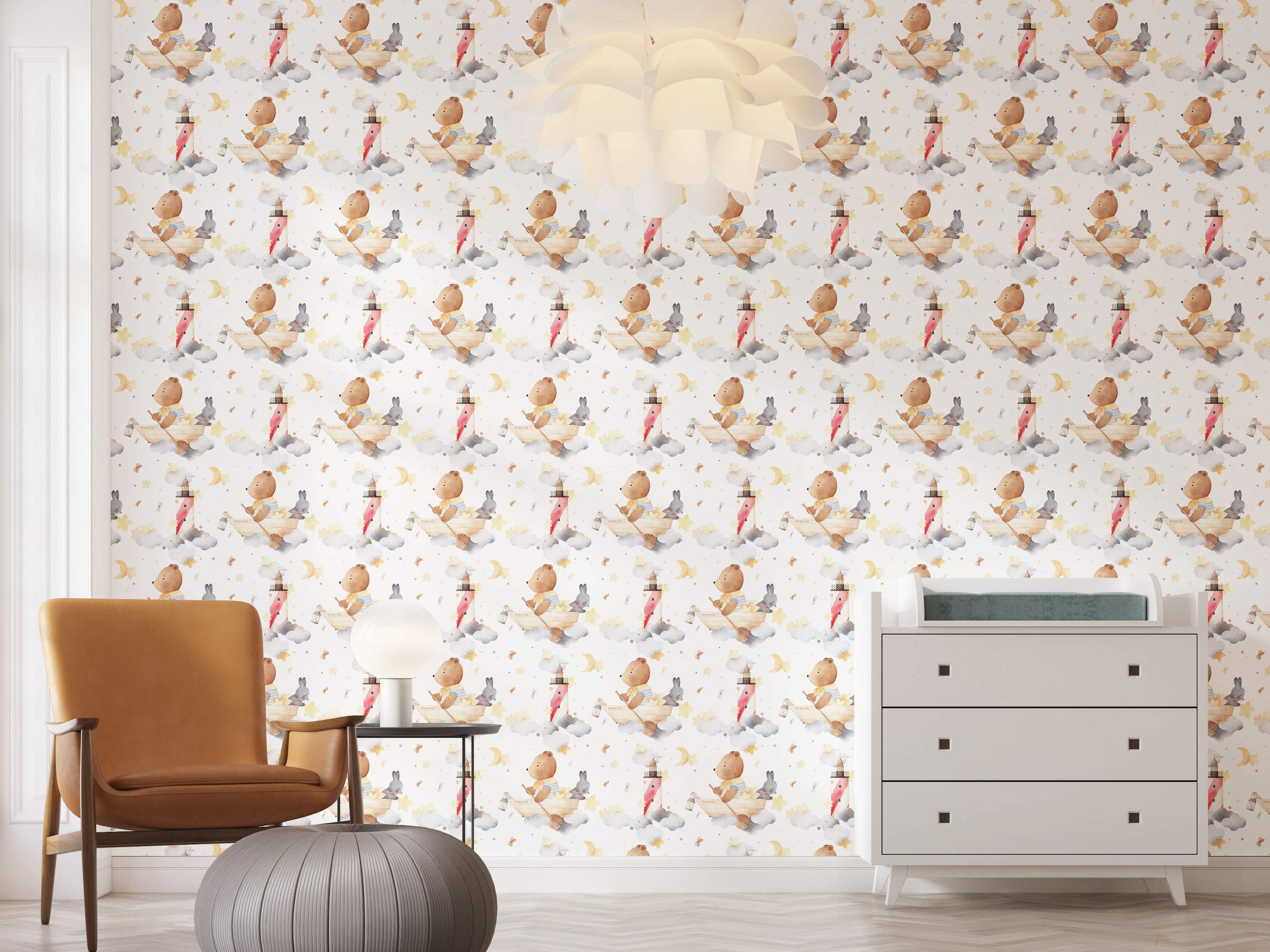 Whimsical watercolor wallpaper featuring teddy bears and bunnies in boats amidst clouds, stars, moons, and lighthouses.