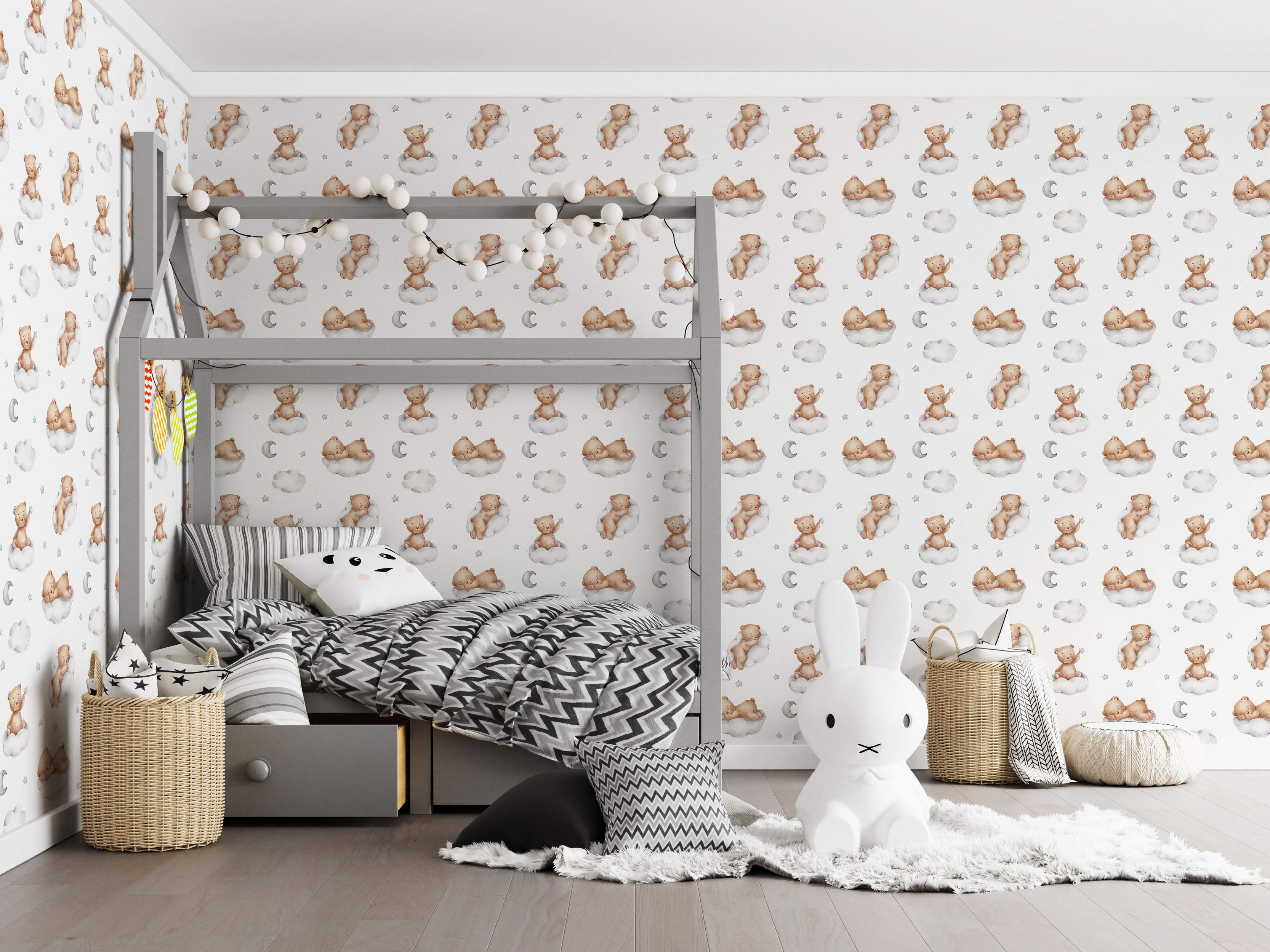 Gray wallpaper with bears, clouds, and moons in a repeating pattern
