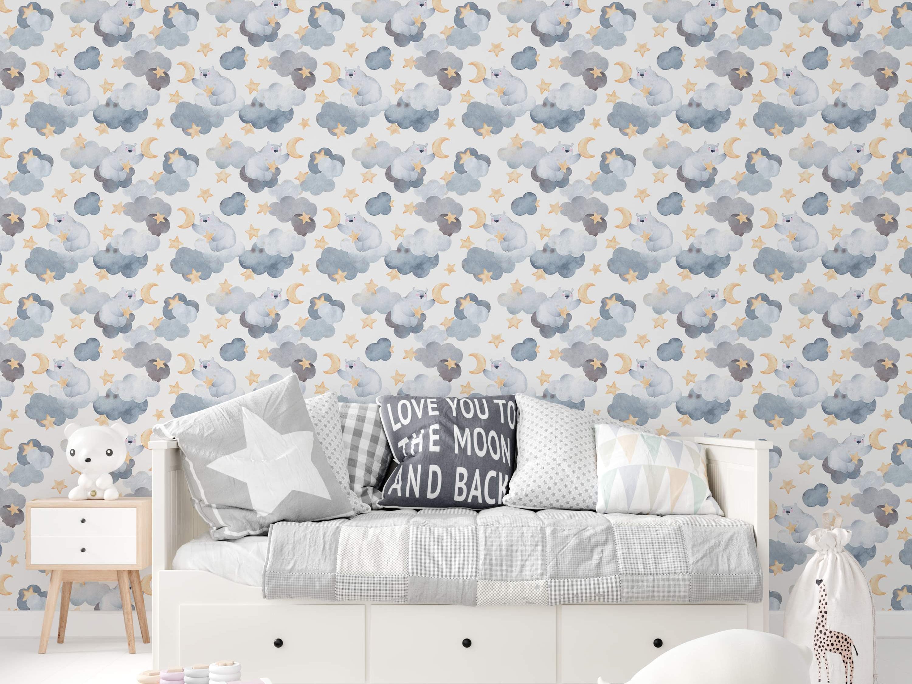 Watercolor wallpaper featuring cute polar bears sitting on blue and gray clouds, holding yellow crescent moons and stars.