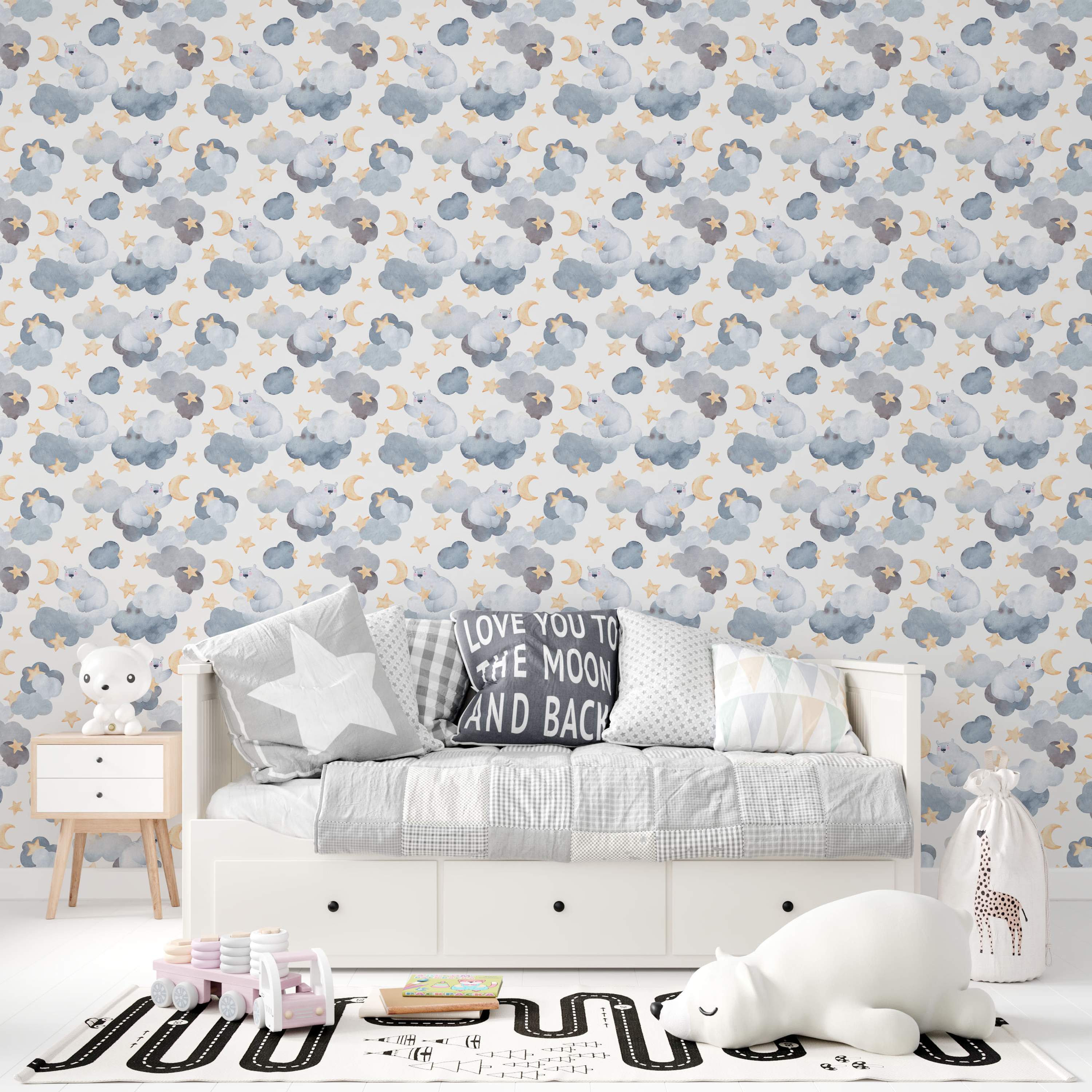 Watercolor wallpaper featuring cute polar bears sitting on blue and gray clouds, holding yellow crescent moons and stars.