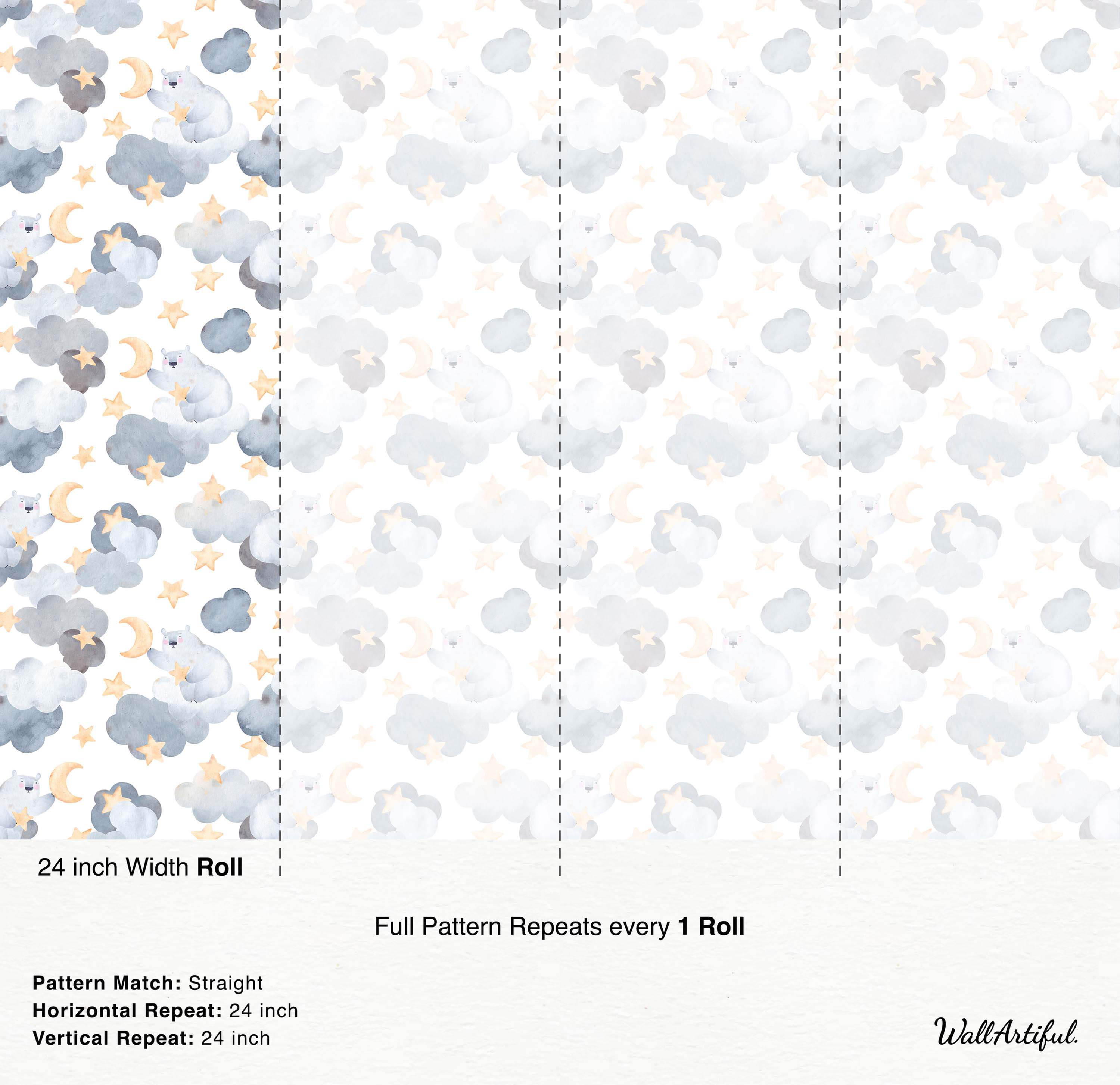 Watercolor wallpaper with polar bears on gray clouds holding yellow crescent moons and stars amongst scattered stars.