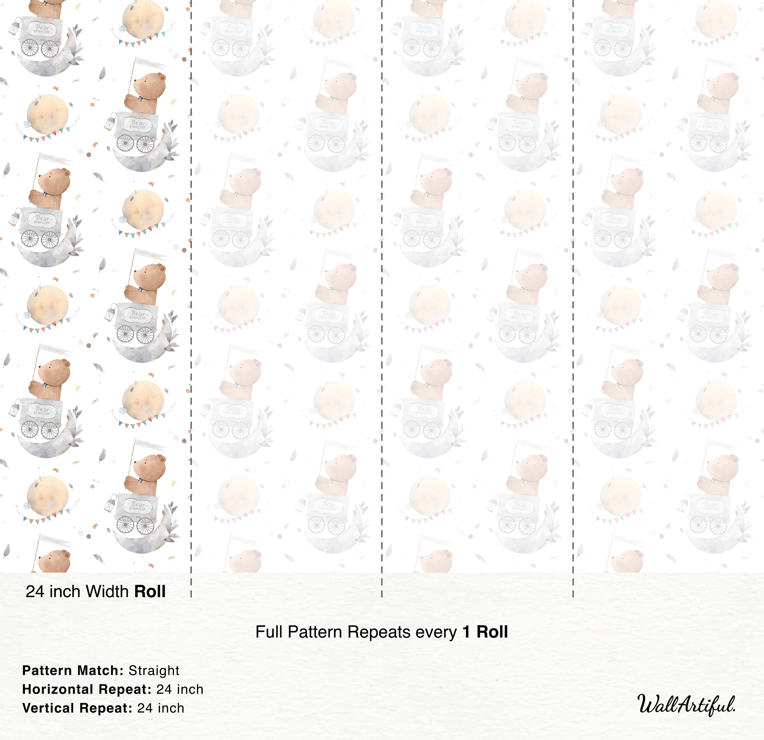 Watercolor teddy bears riding moon carts with 'Adventure' flags, smiling moons, and pastel bunting on white wallpaper.