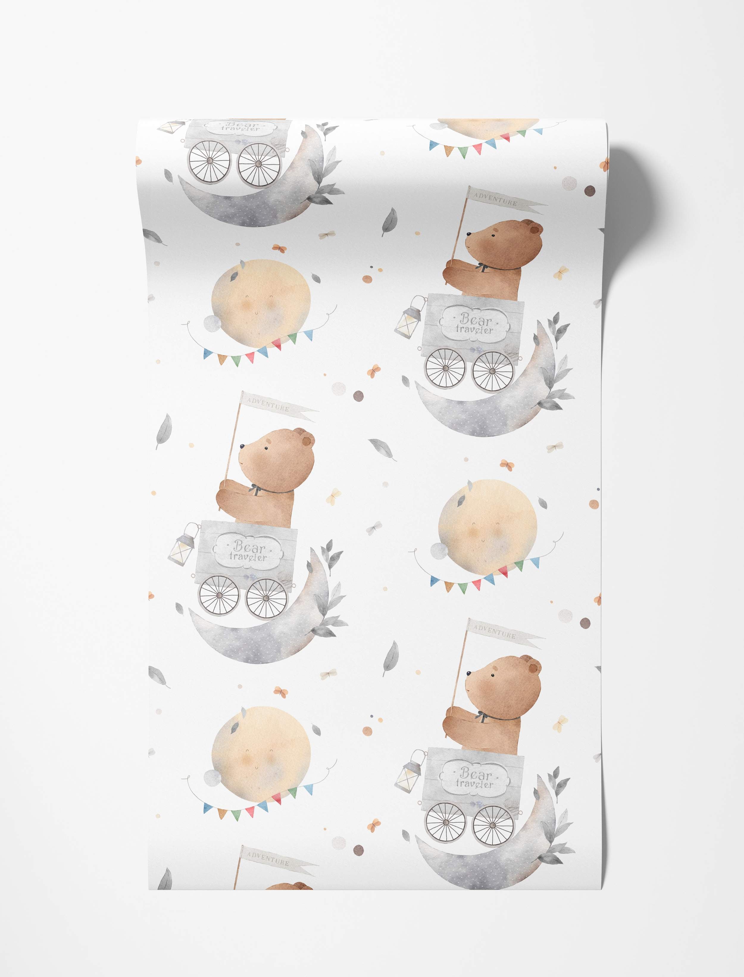 Watercolor wallpaper with bears riding gray moon carts and beige moons with bunting flags on a white background.