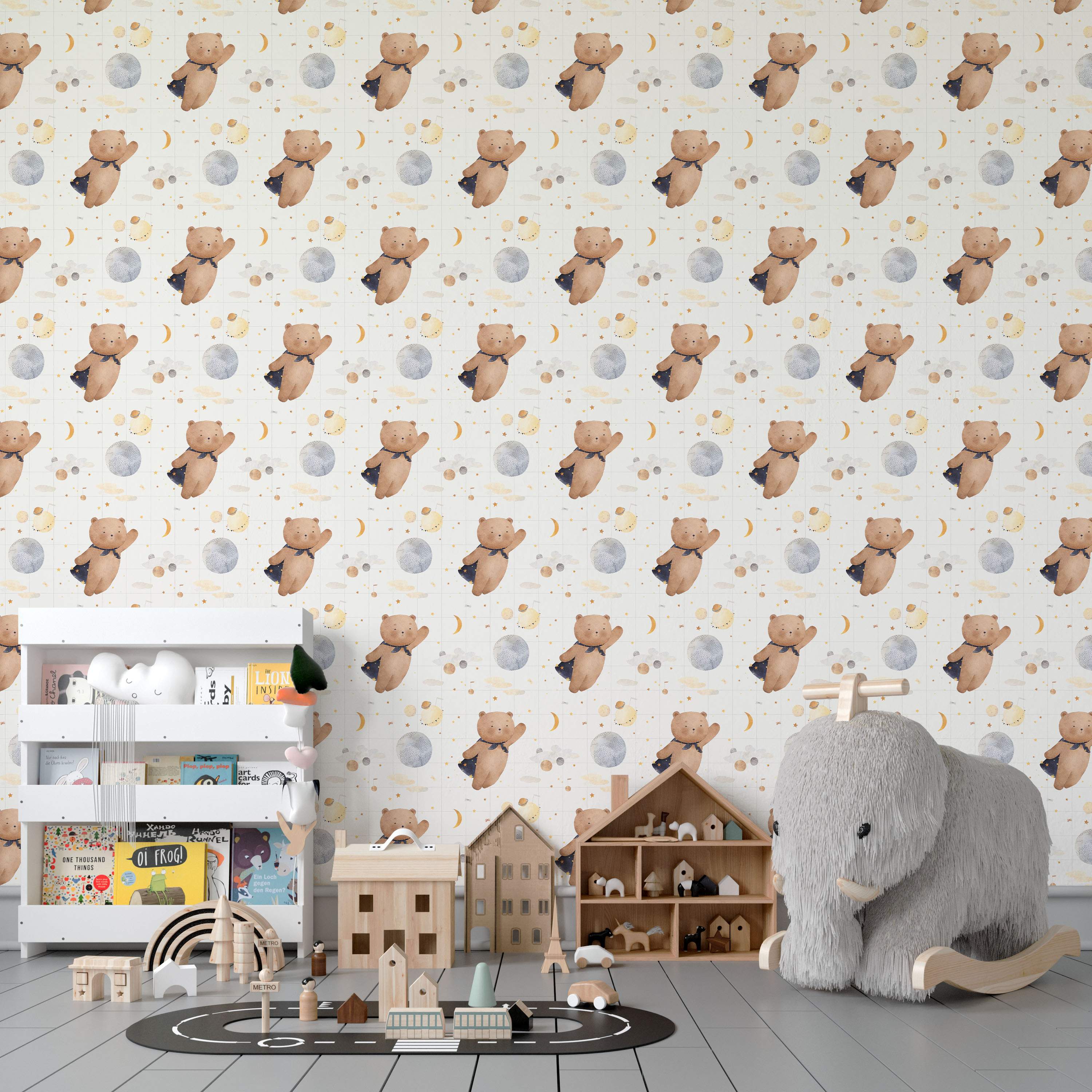 Watercolor wallpaper featuring cute brown bears with blue capes floating among blue-gray planets, yellow moons, and stars.