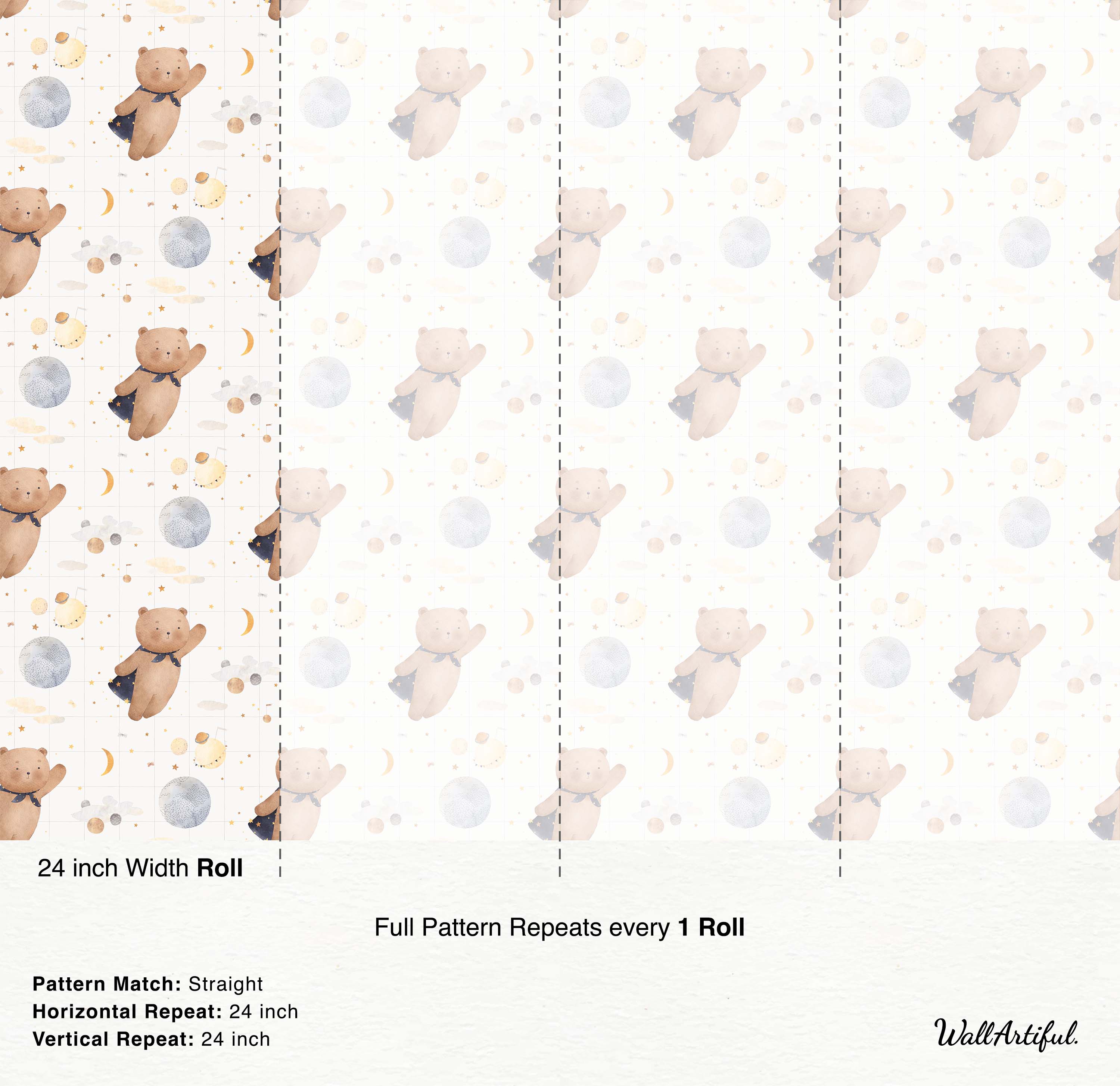 Cute watercolor wallpaper featuring caped bears flying among planets, moons, and stars in brown, blue, yellow, and gray.