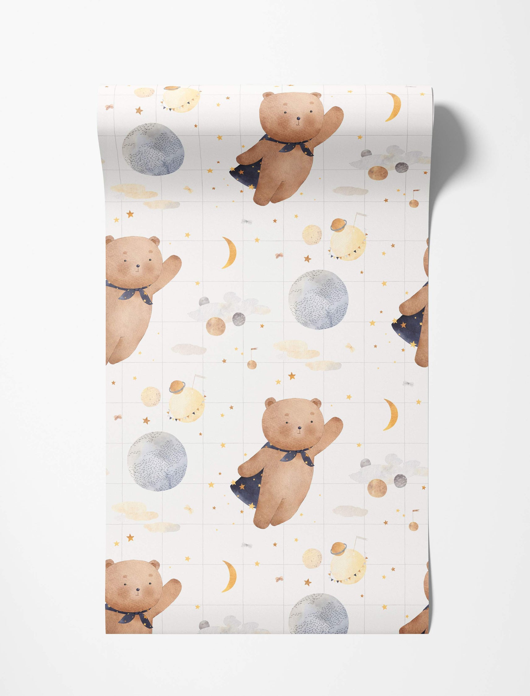 Watercolor wallpaper featuring cute teddy bears with capes floating among planets, stars, moons, and clouds on a faint grid background.
