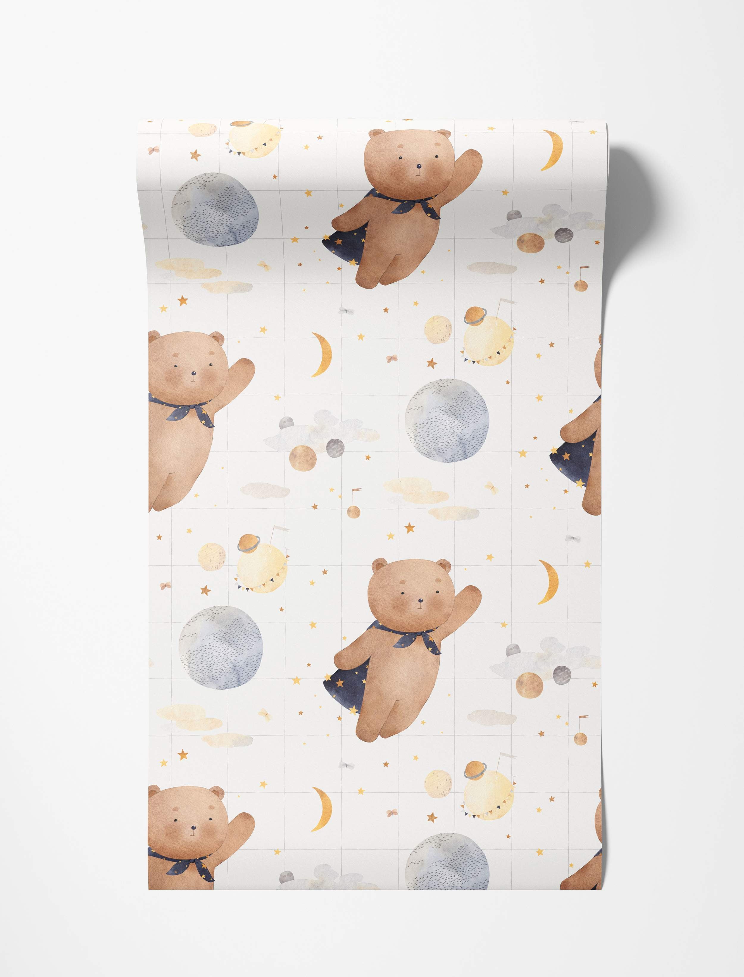 Watercolor wallpaper featuring cute teddy bears with capes floating among planets, stars, moons, and clouds on a faint grid background.