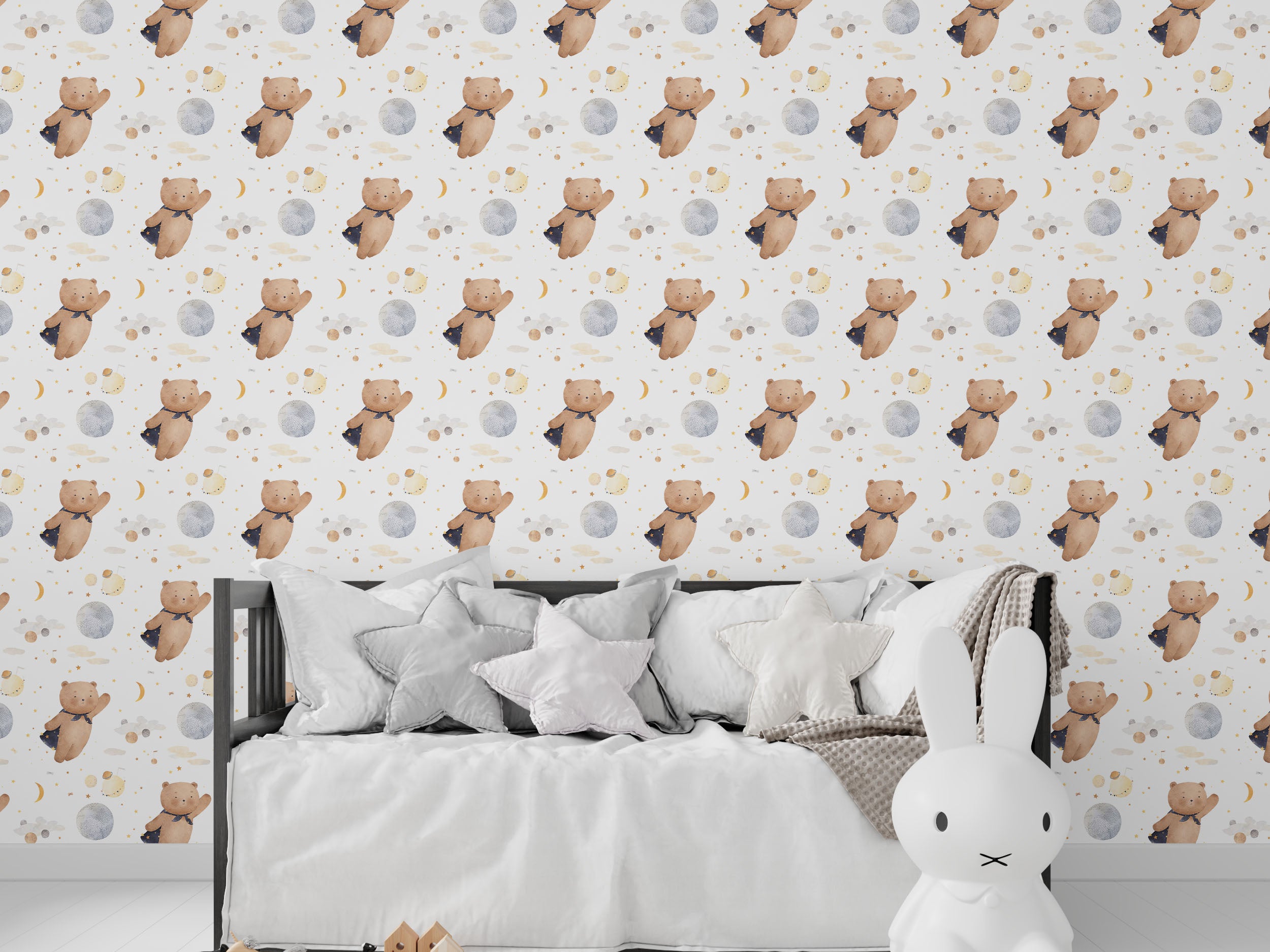 Watercolor wallpaper with flying superhero bears, blue planets, yellow moons, and stars on a white background.