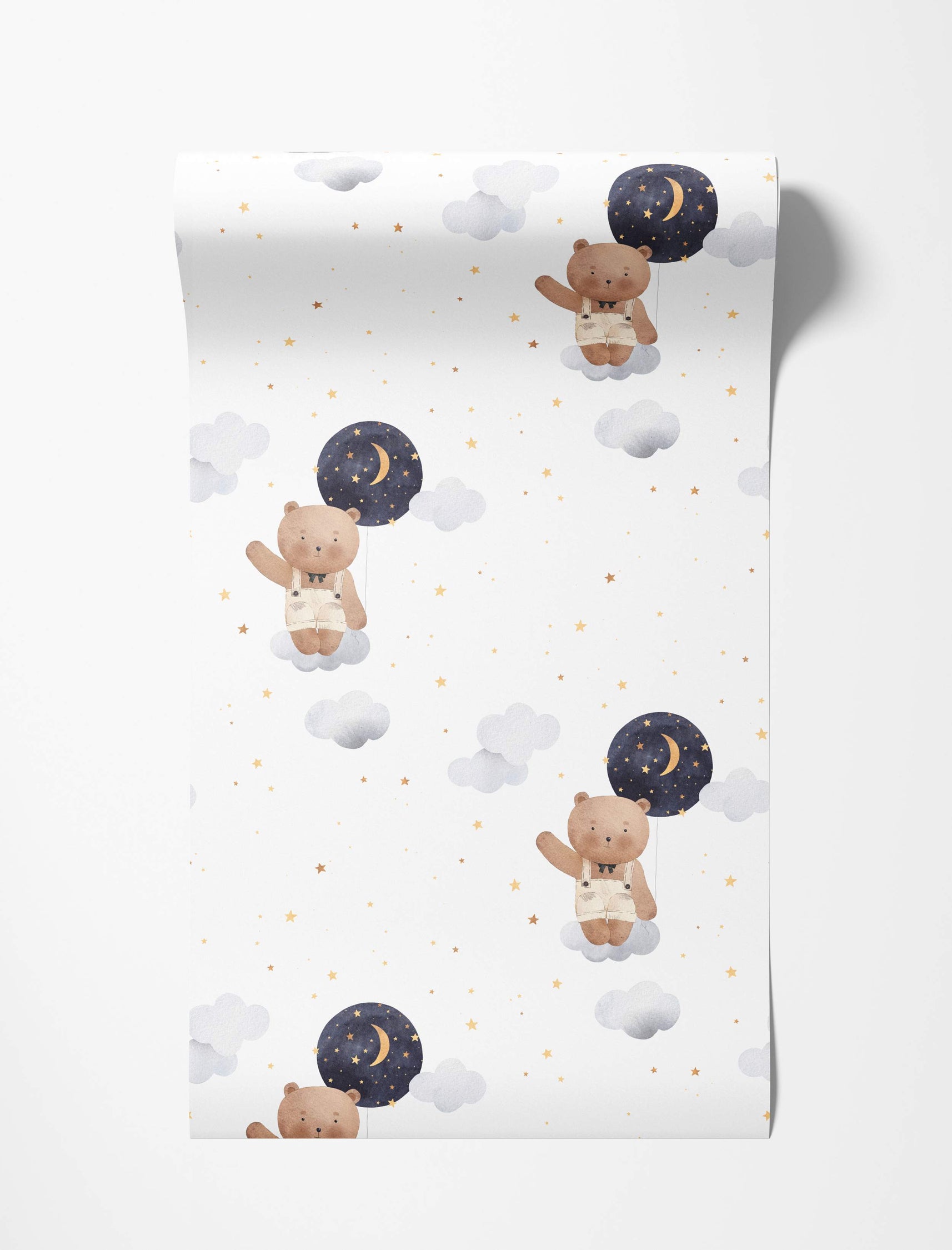 Wallpaper featuring watercolor teddy bears holding night sky balloons, floating on clouds amidst scattered gold stars.