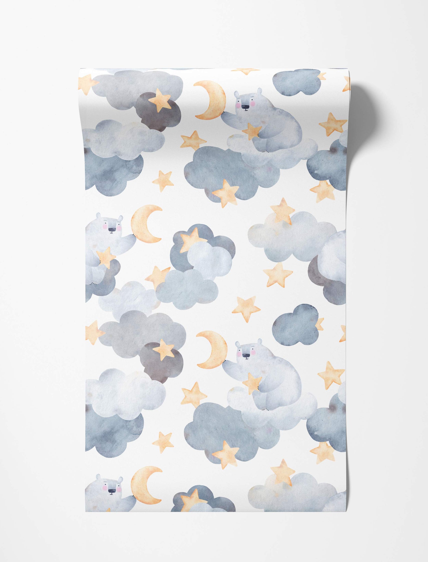 Watercolor wallpaper featuring cute polar bears holding yellow moons and stars amongst soft blue and grey clouds.