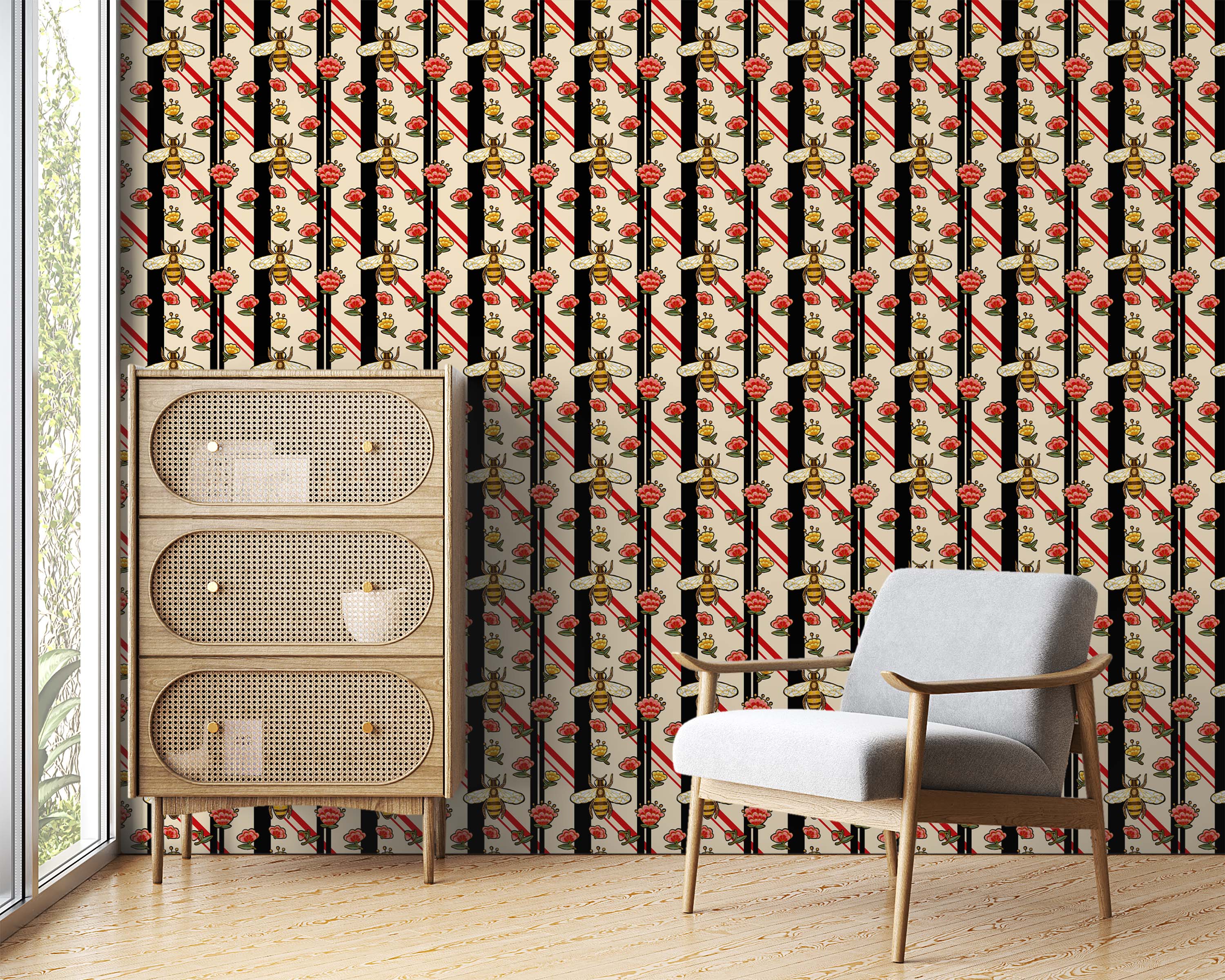 Wallpaper with vertical black and red stripes, featuring a repeating pattern of illustrated bees and colorful floral motifs.
