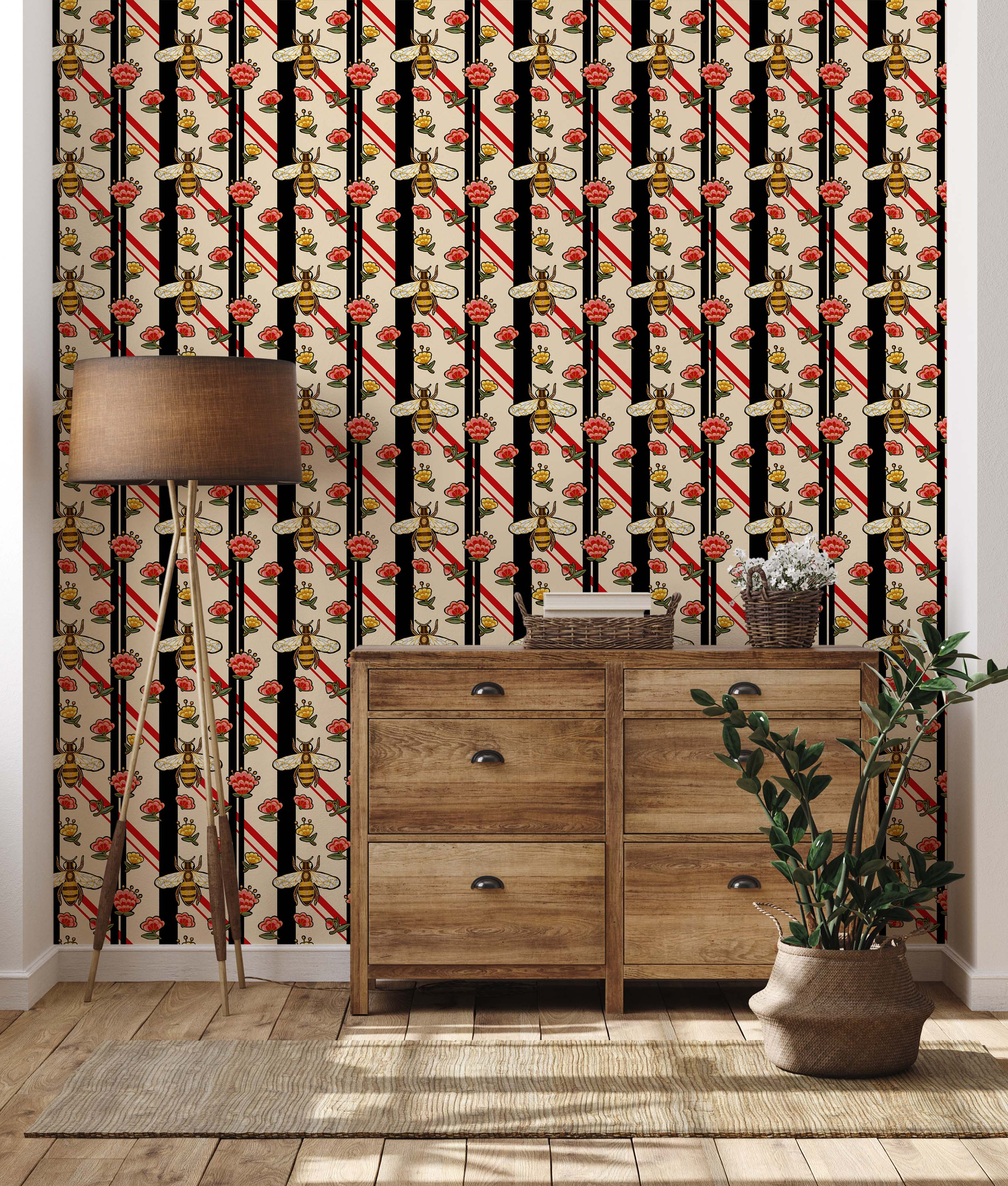 A stylized wallpaper with bees and flowers set against vertical black stripes and diagonal red stripes on a cream background.