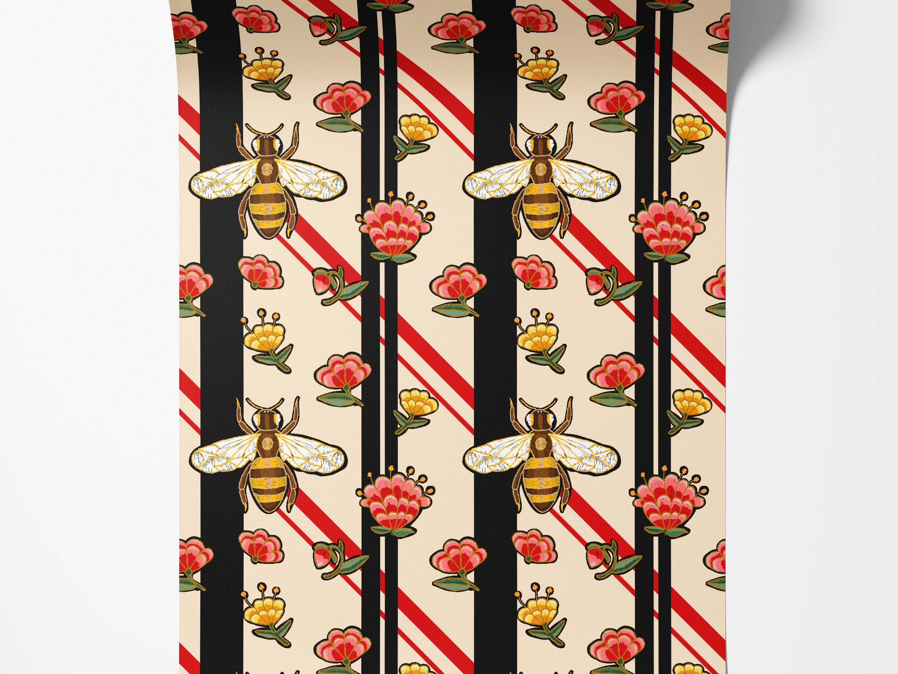 Stylized wallpaper with bees, red and yellow flowers, and vertical black and diagonal red stripes on a cream background.