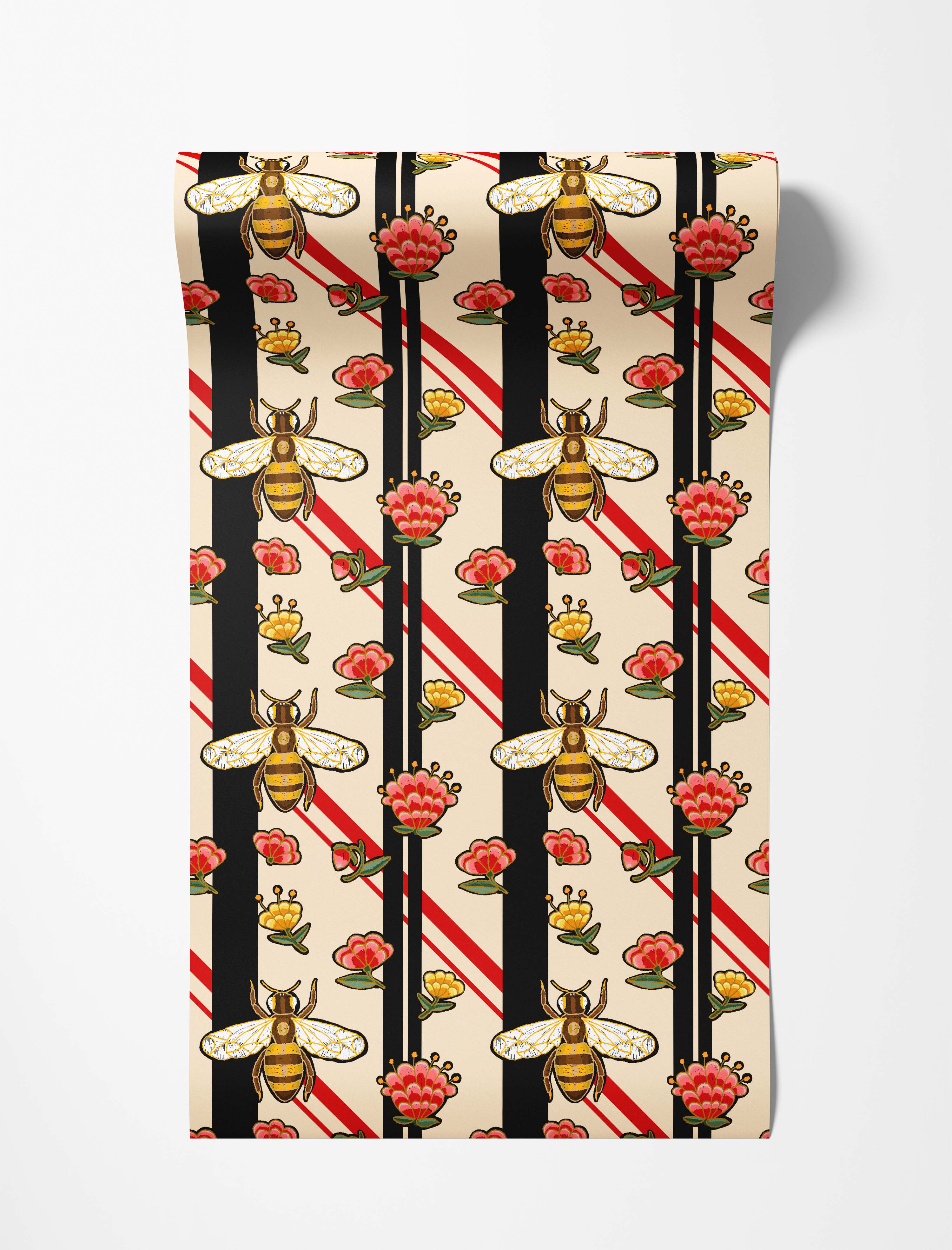 Stylized wallpaper with bees, red and yellow flowers, and vertical black and diagonal red stripes on a cream background.