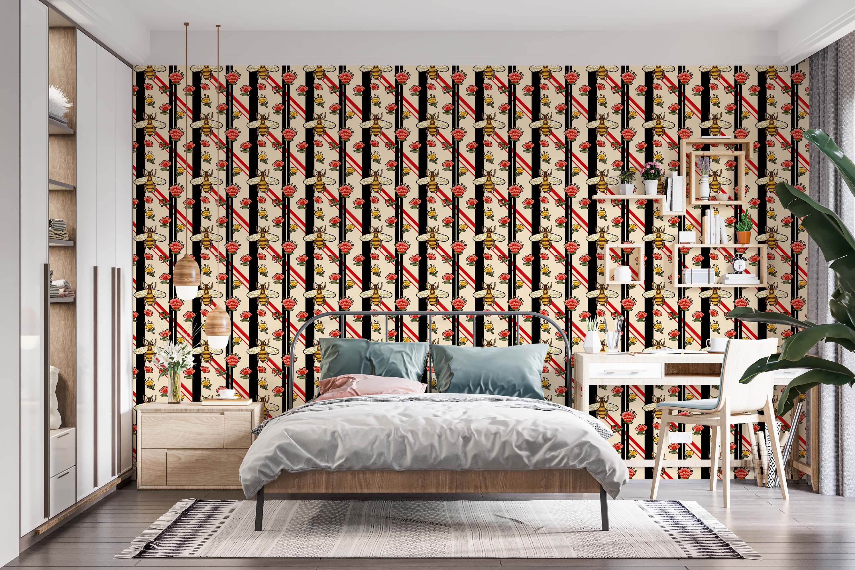 Wallpaper with a pattern of bees and flowers on a striped background, featuring vertical black stripes and diagonal red lines.