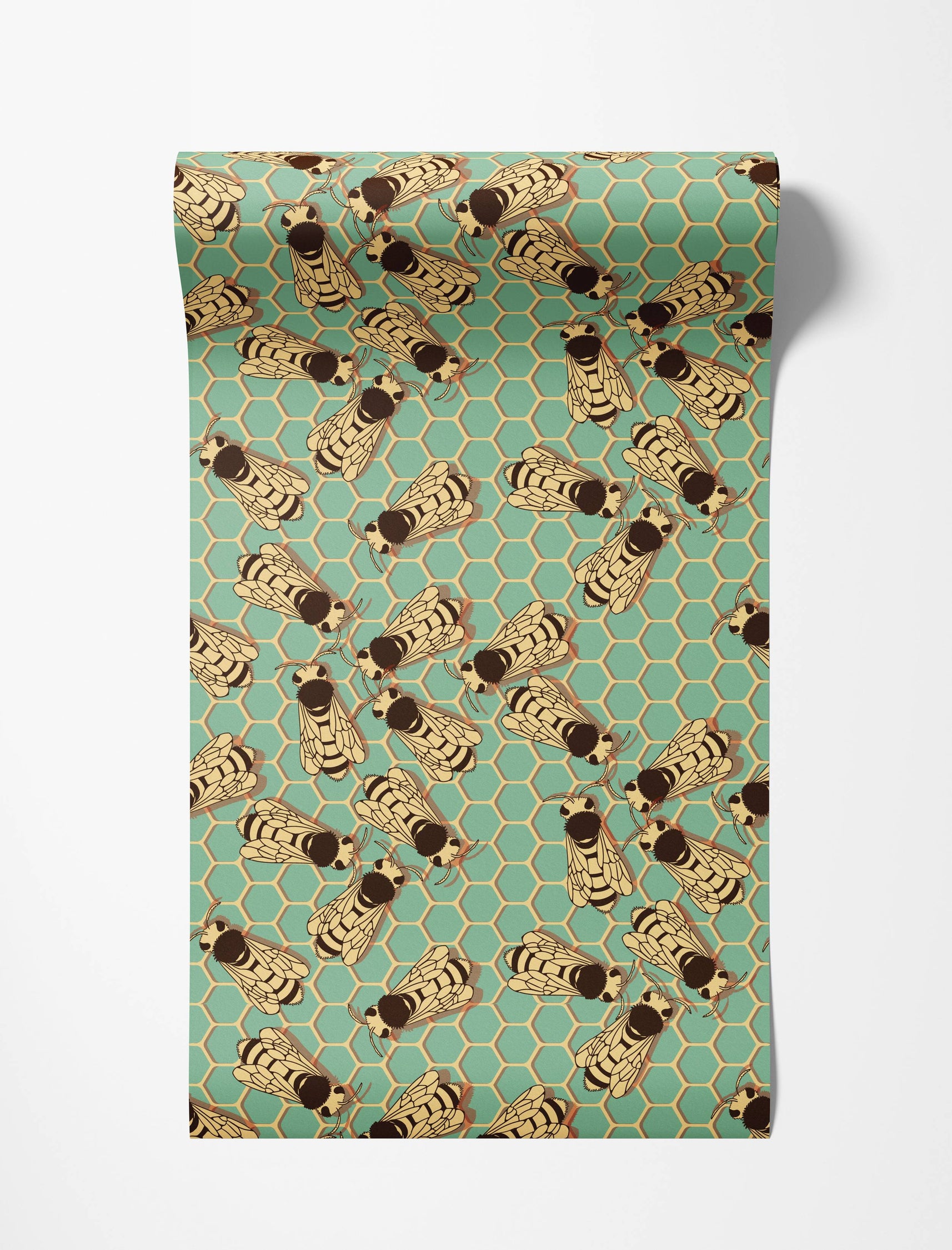 Retro style wallpaper with graphic yellow and brown bees over a teal green honeycomb pattern.