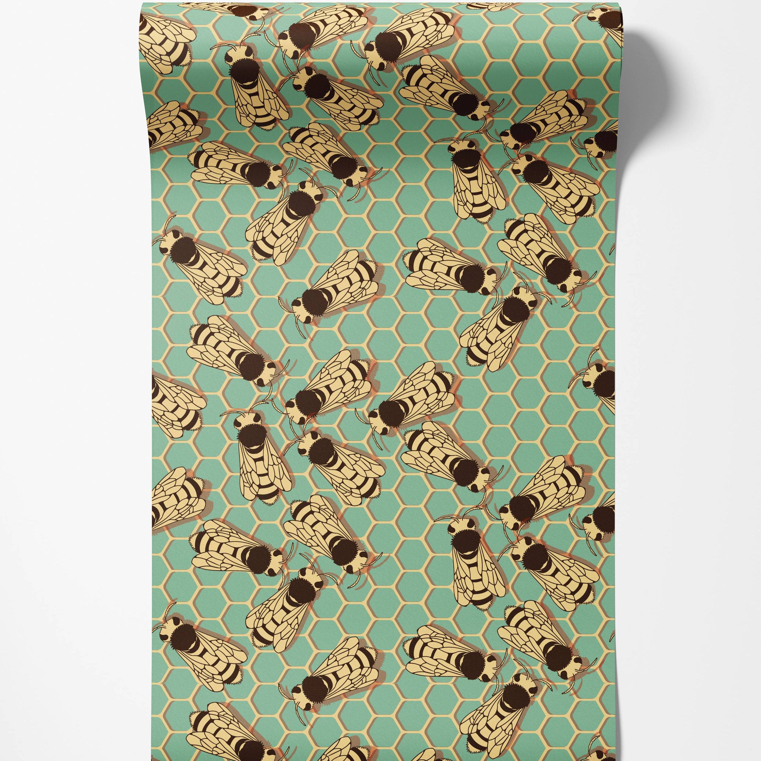 Retro style wallpaper with graphic yellow and brown bees over a teal green honeycomb pattern.