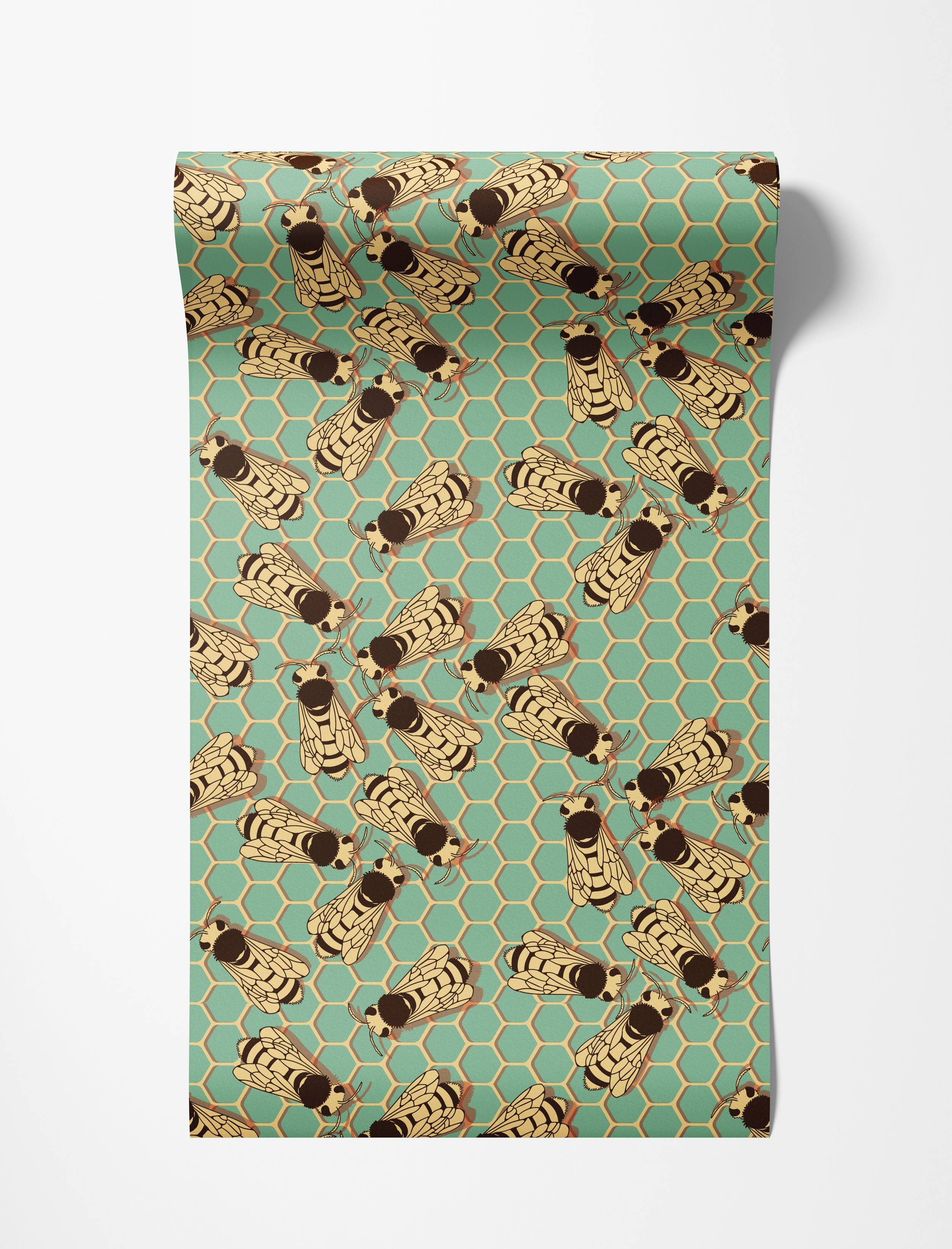 Retro style wallpaper with graphic yellow and brown bees over a teal green honeycomb pattern.