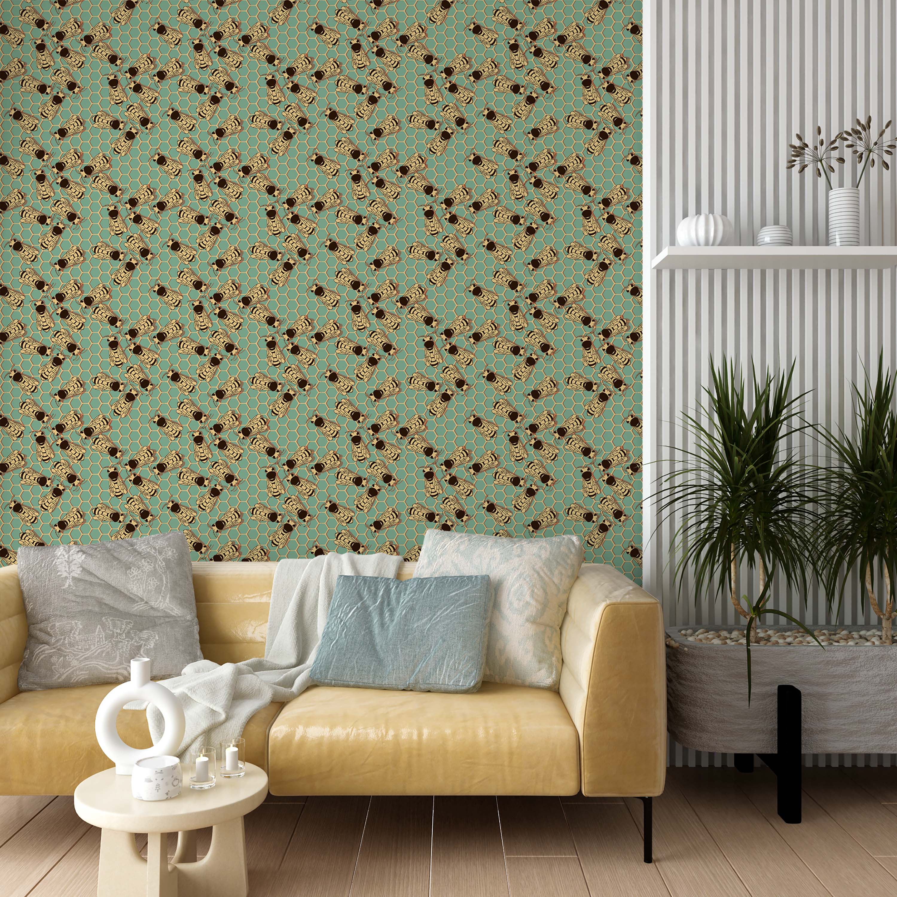 Illustrative wallpaper with a repeating pattern of bees over a teal and yellow honeycomb background.