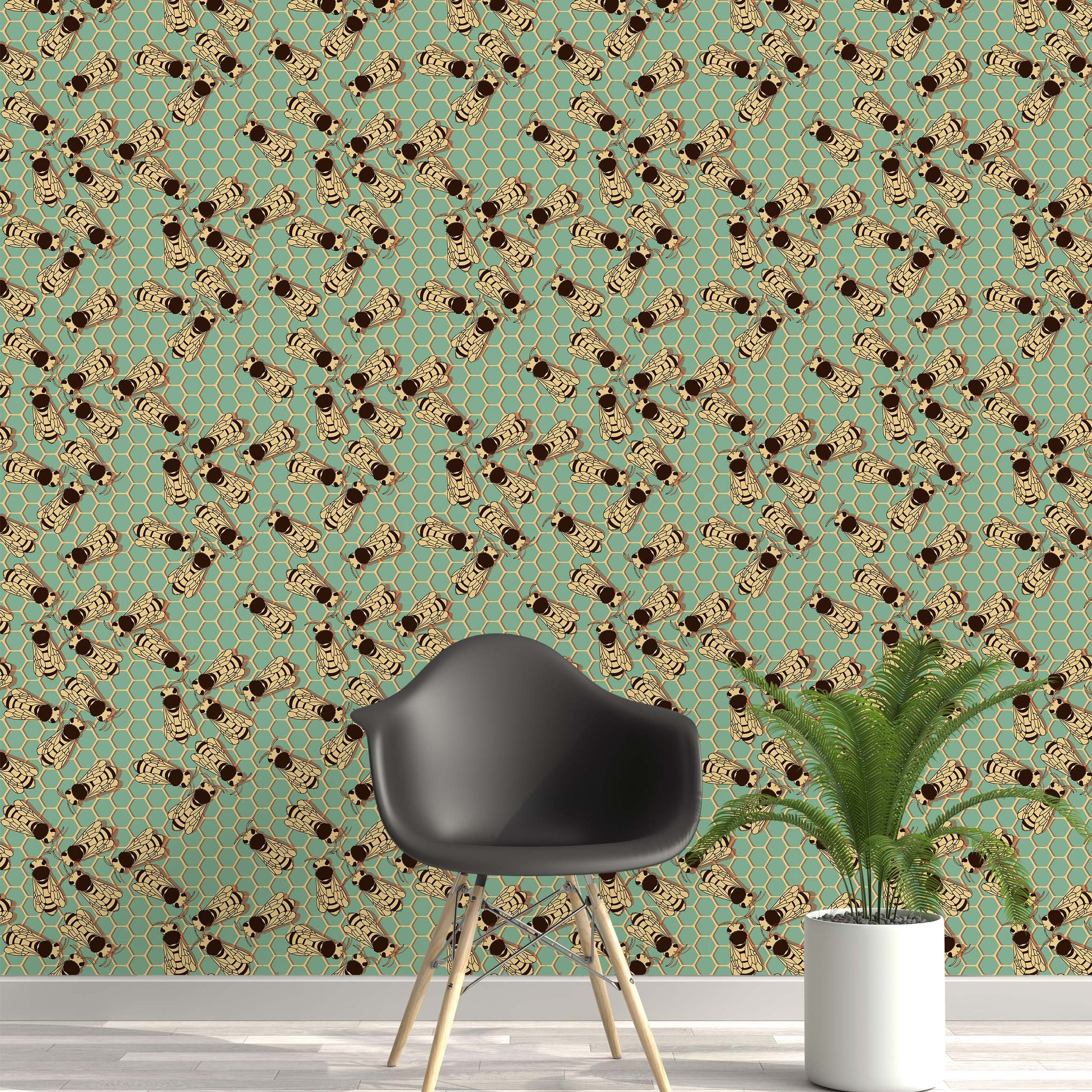 Graphic bee wallpaper featuring a repeating pattern of insects over a teal and tan honeycomb design.