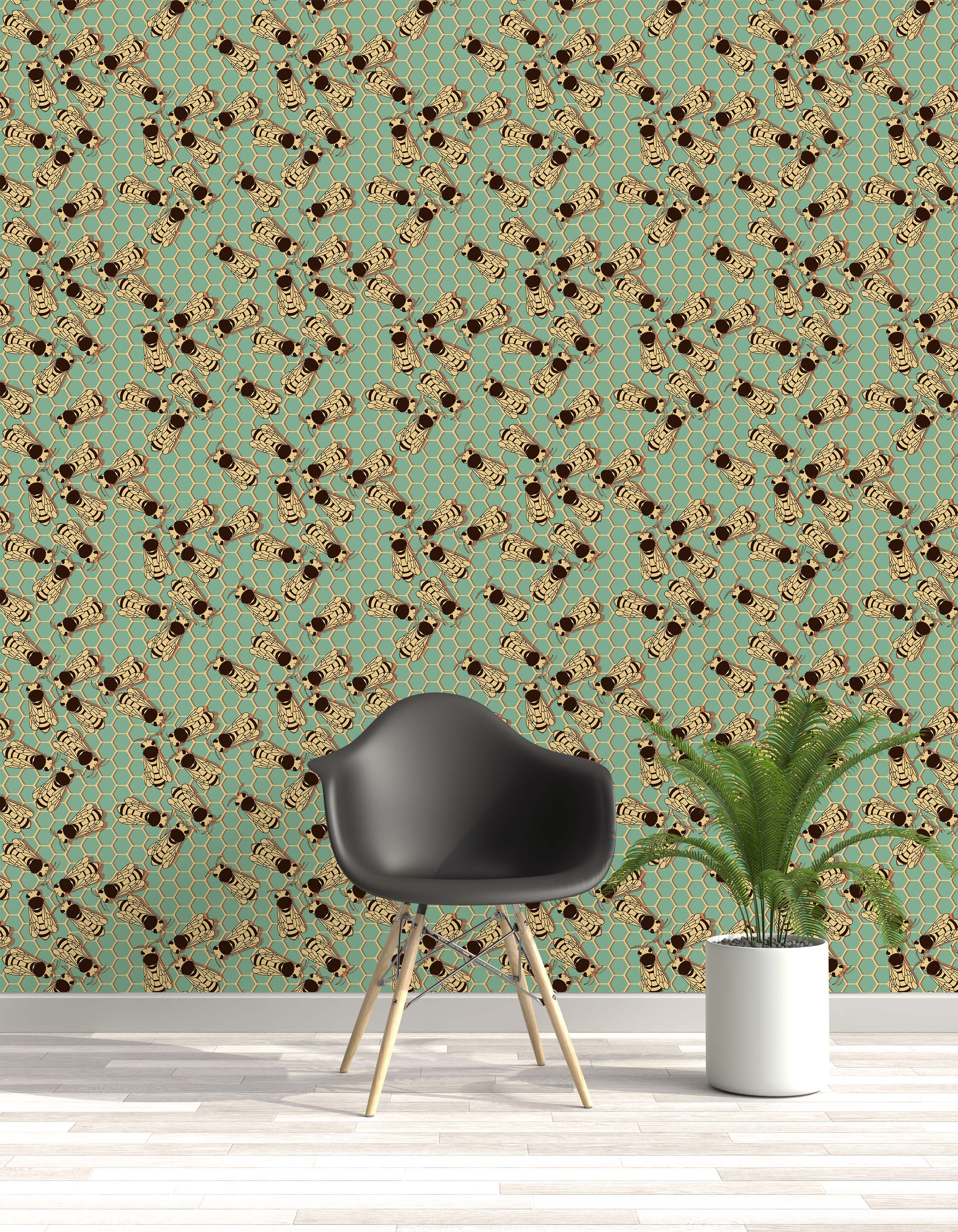 Graphic bee wallpaper featuring a repeating pattern of insects over a teal and tan honeycomb design.