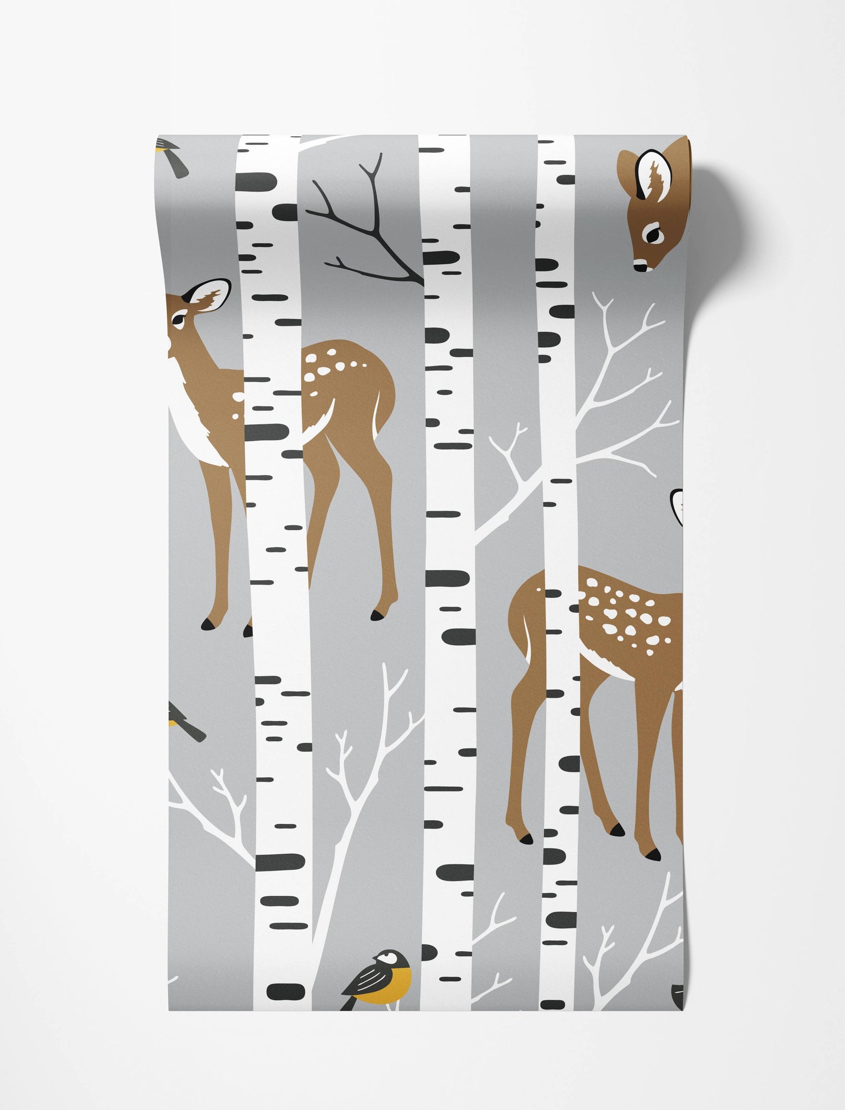 A woodland wallpaper with stylized birch trees, brown deer, and yellow birds on a soft gray background.