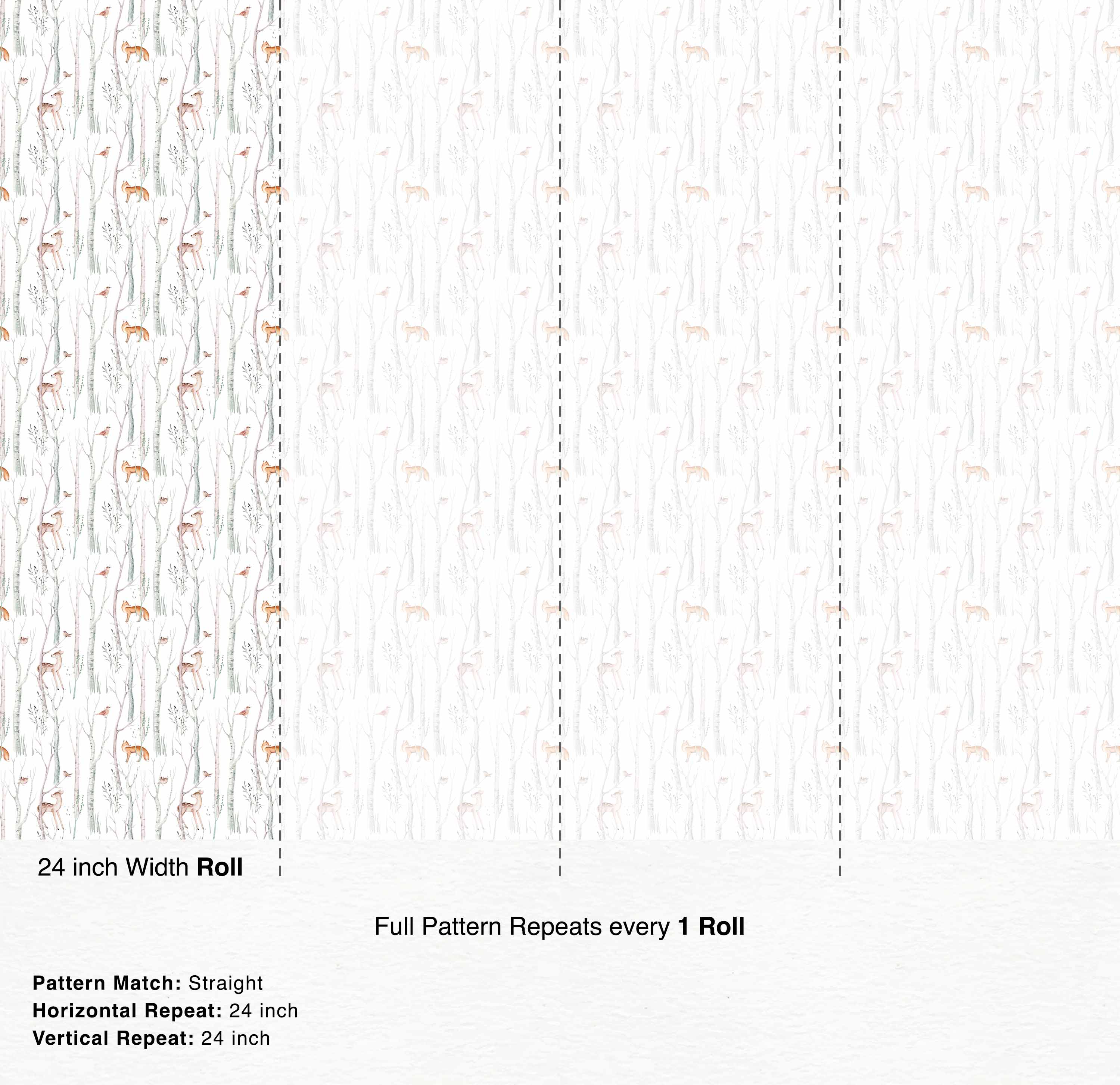 Watercolor wallpaper with birch trees, featuring gentle illustrations of foxes, deer, and birds in soft neutral tones on white.