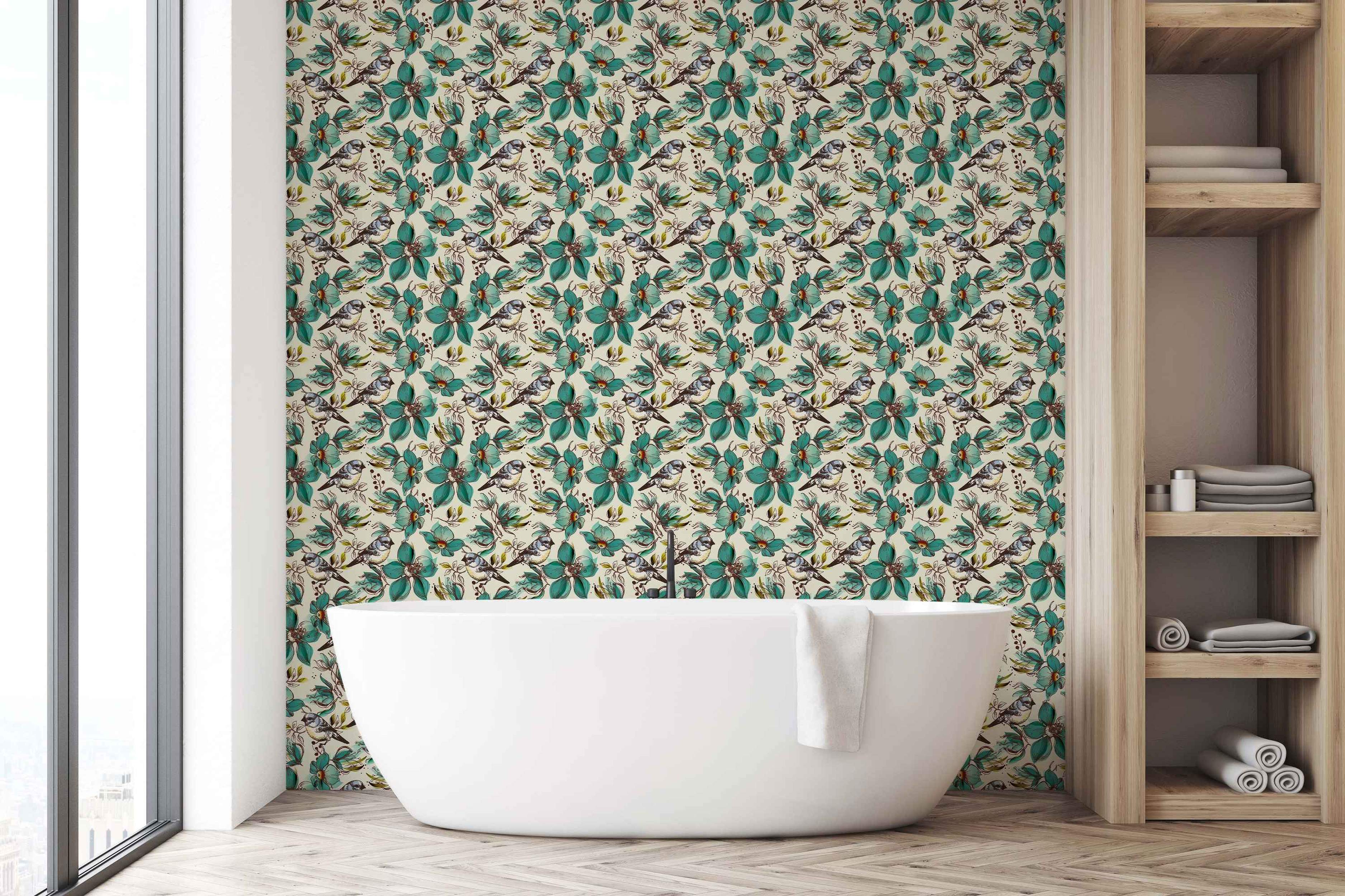 Wallpaper featuring illustrated birds perched among teal and green flowers with brown and yellow accents on an off-white background.