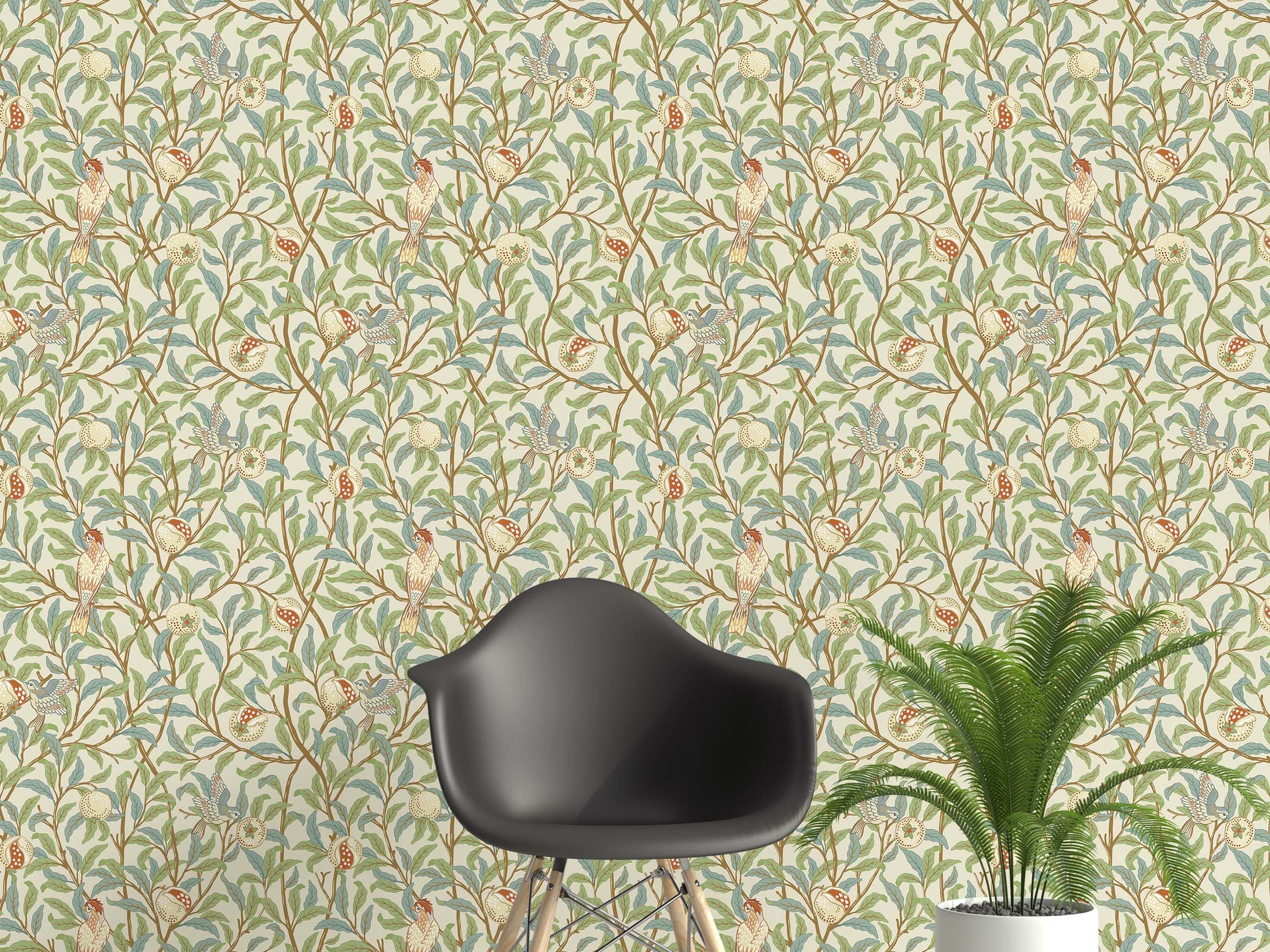 Arts and Crafts style wallpaper with birds, pomegranates, and leaves in green, blue, and red on a cream background.