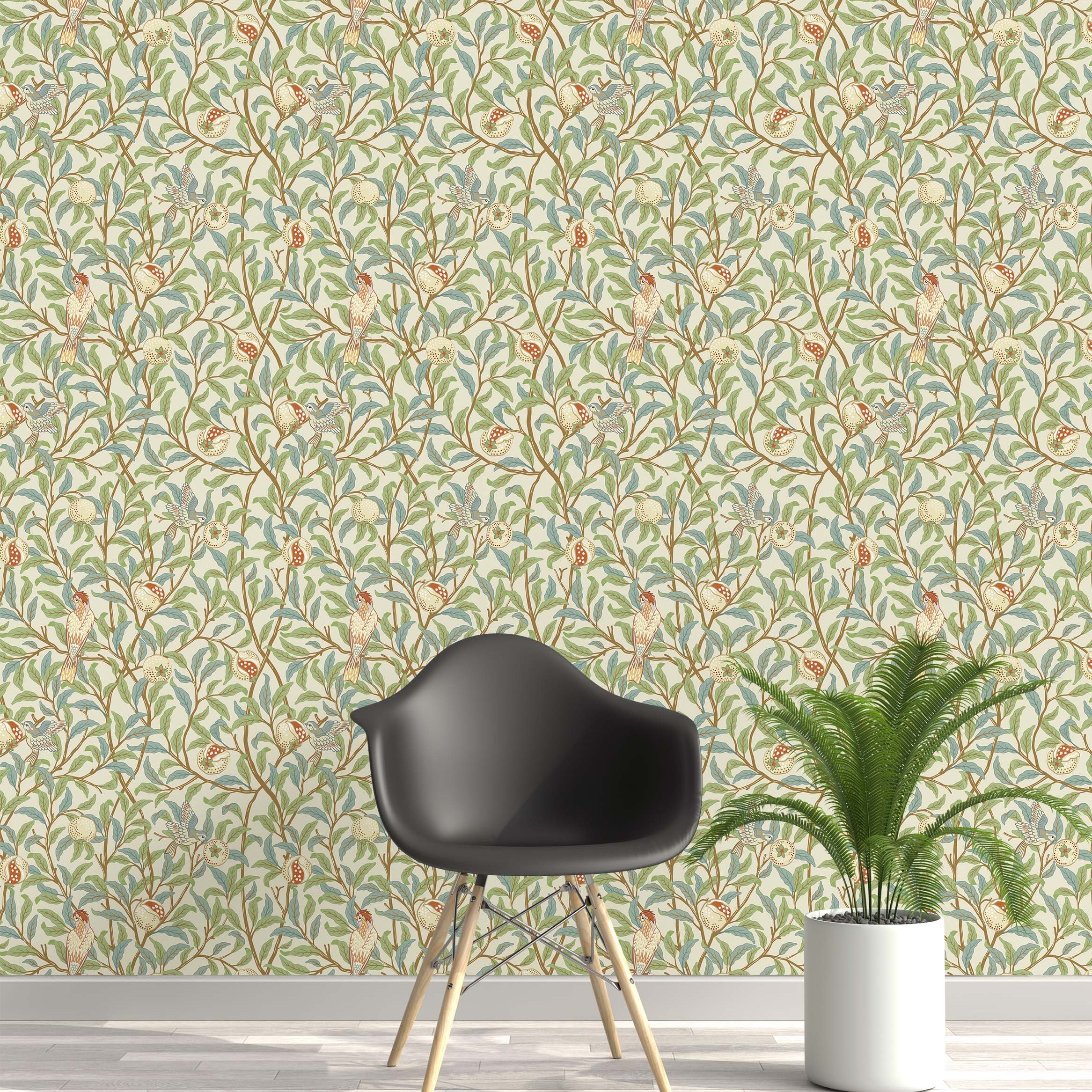 Arts and Crafts style wallpaper with birds, pomegranates, and leaves in green, blue, and red on a cream background.