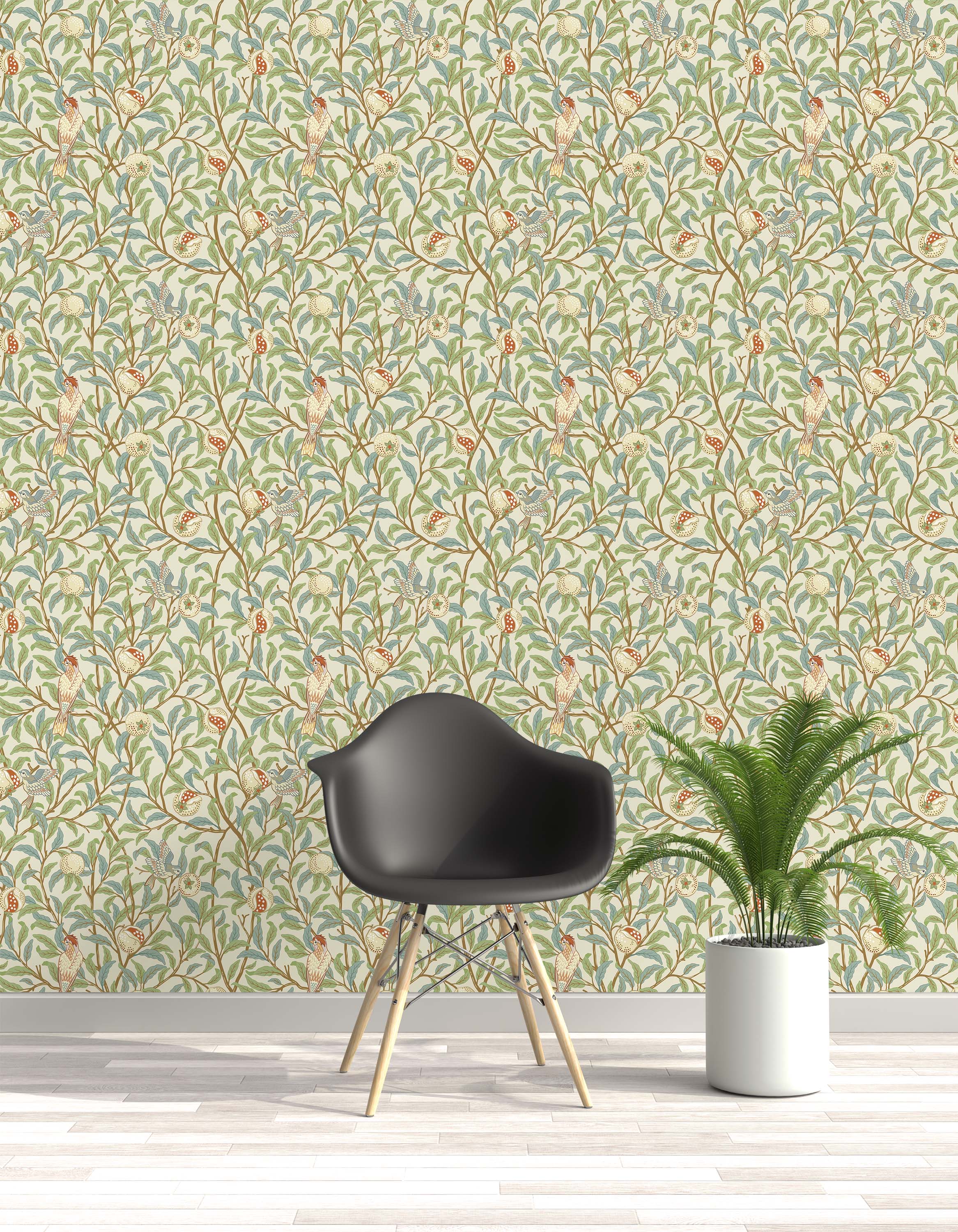 Arts and Crafts style wallpaper with birds, pomegranates, and leaves in green, blue, and red on a cream background.