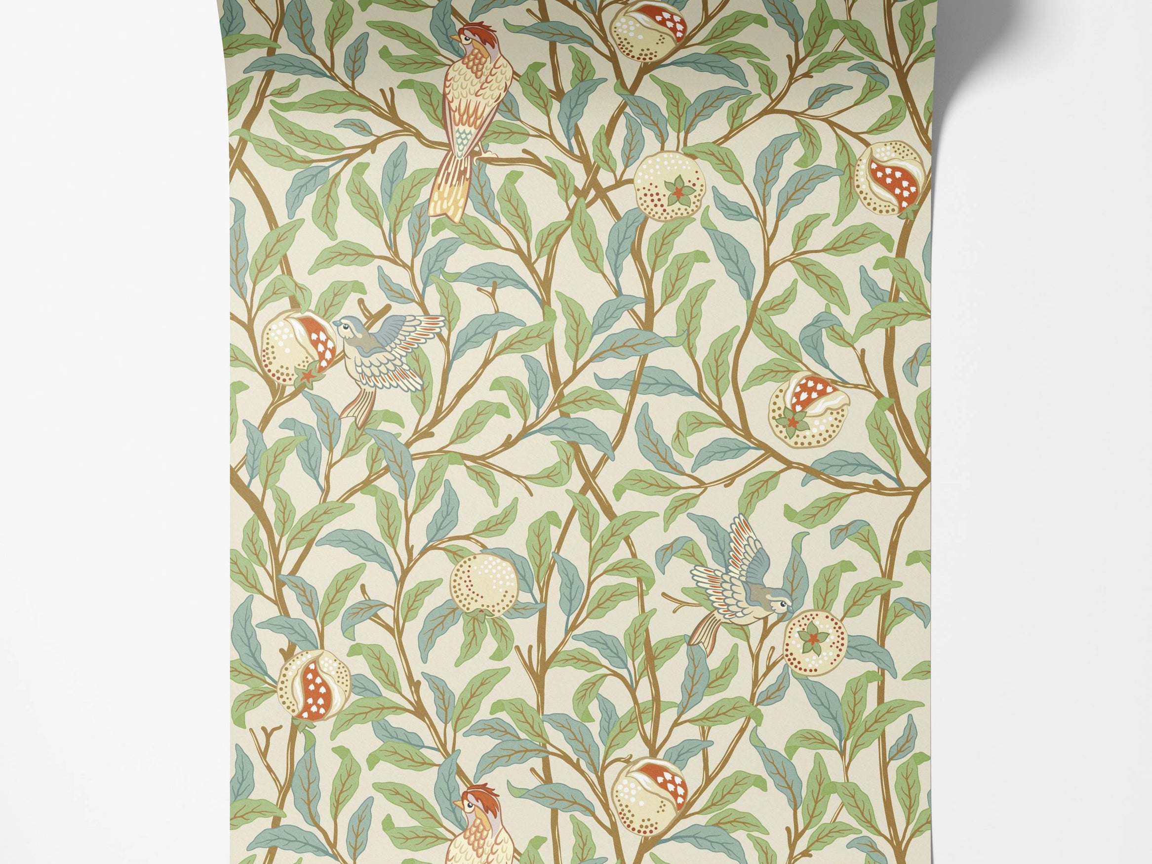 Arts and Crafts style wallpaper with birds, pomegranates, and leaves in muted green, blue, and red on a cream background.