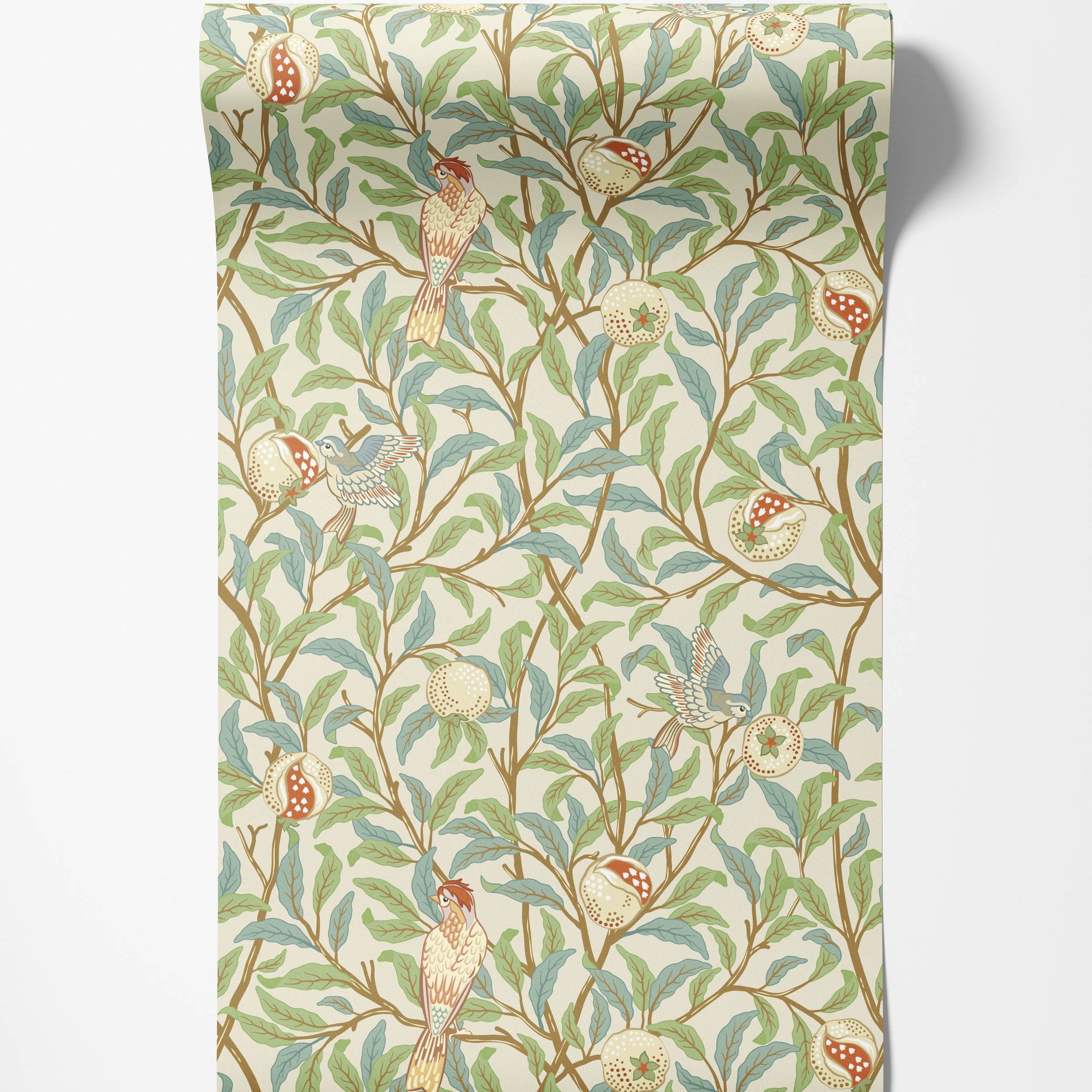 Arts and Crafts style wallpaper with birds, pomegranates, and leaves in muted green, blue, and red on a cream background.