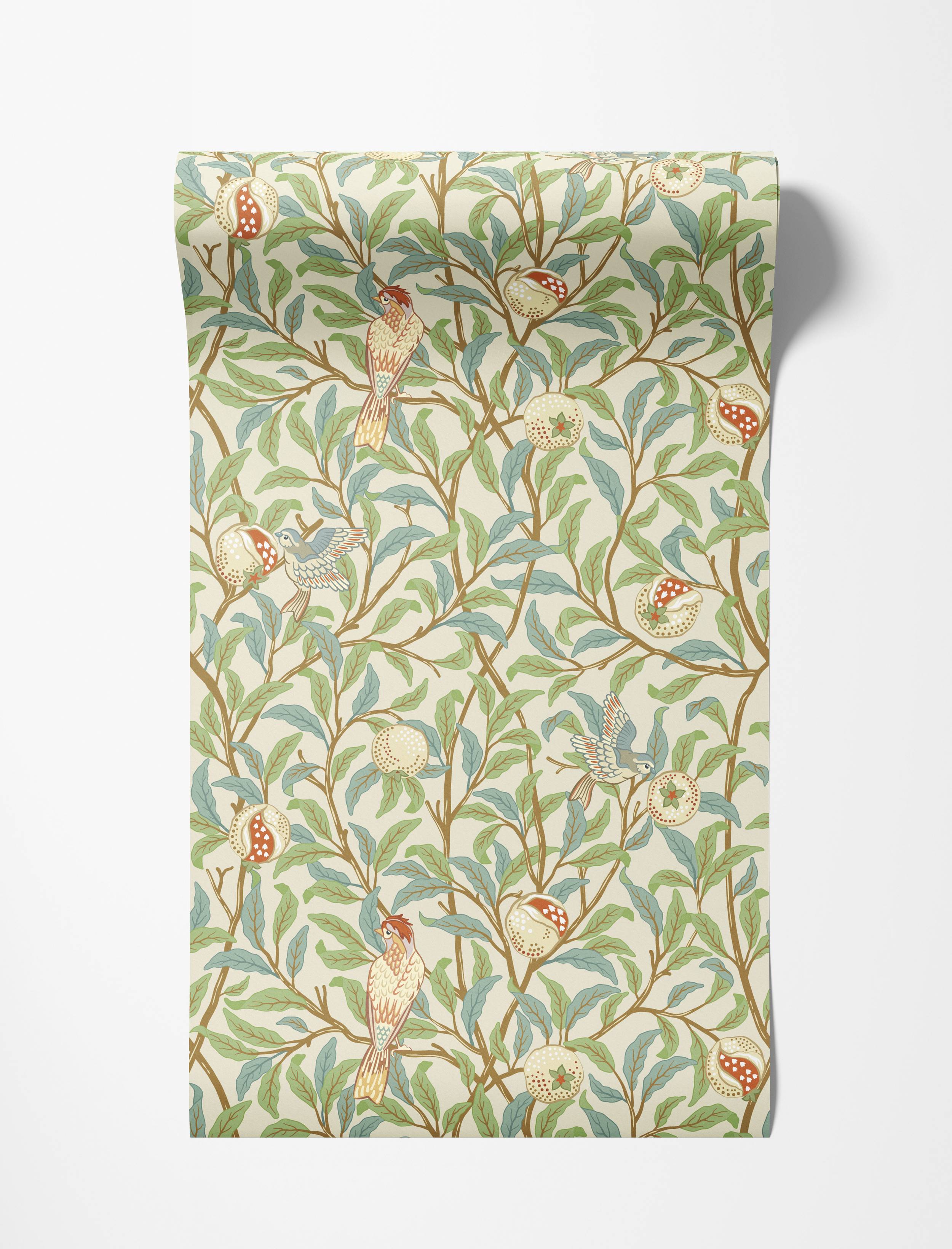 Arts and Crafts style wallpaper with birds, pomegranates, and leaves in muted green, blue, and red on a cream background.