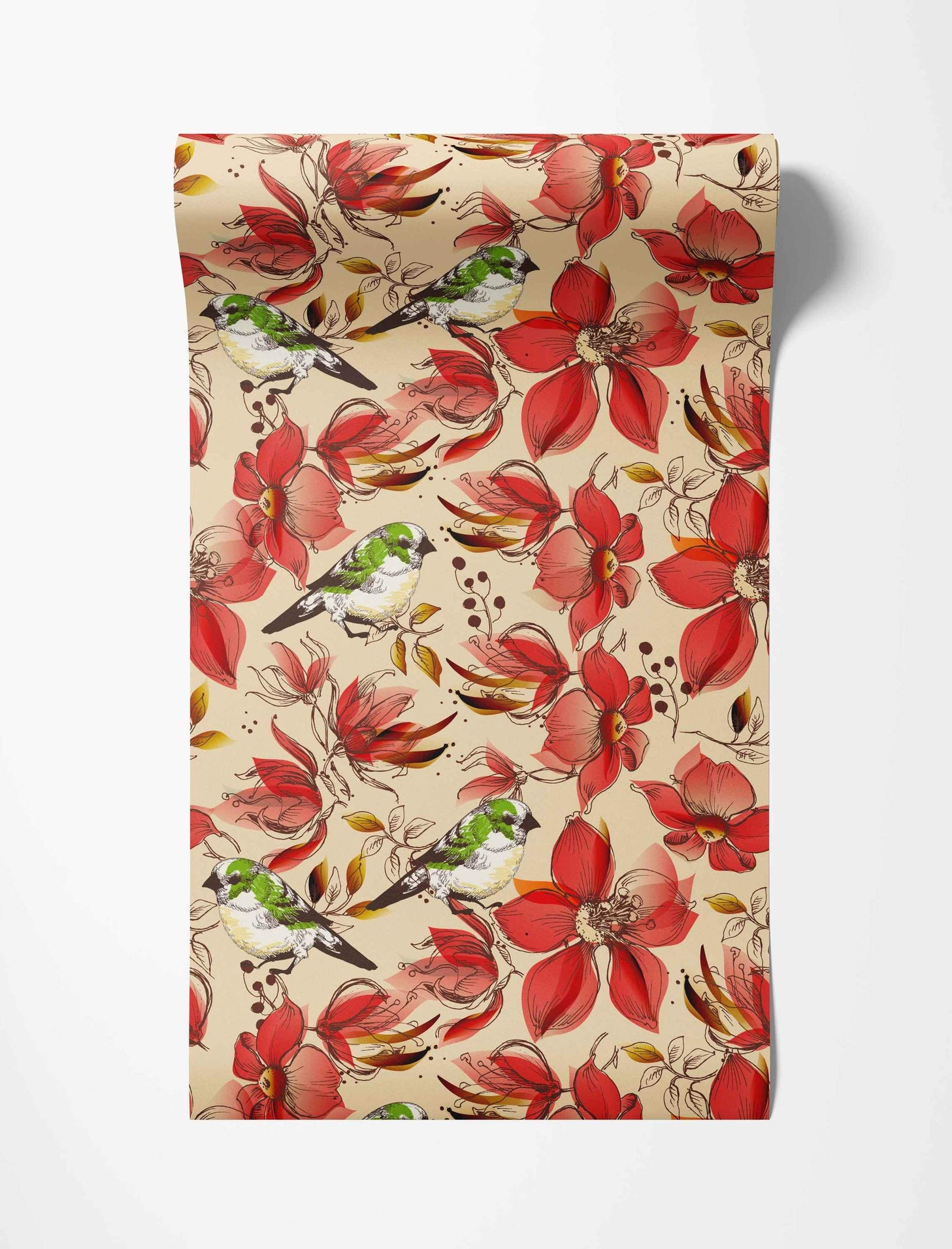 Illustrative wallpaper featuring green birds perched among large, sketchy red flowers on a beige field.