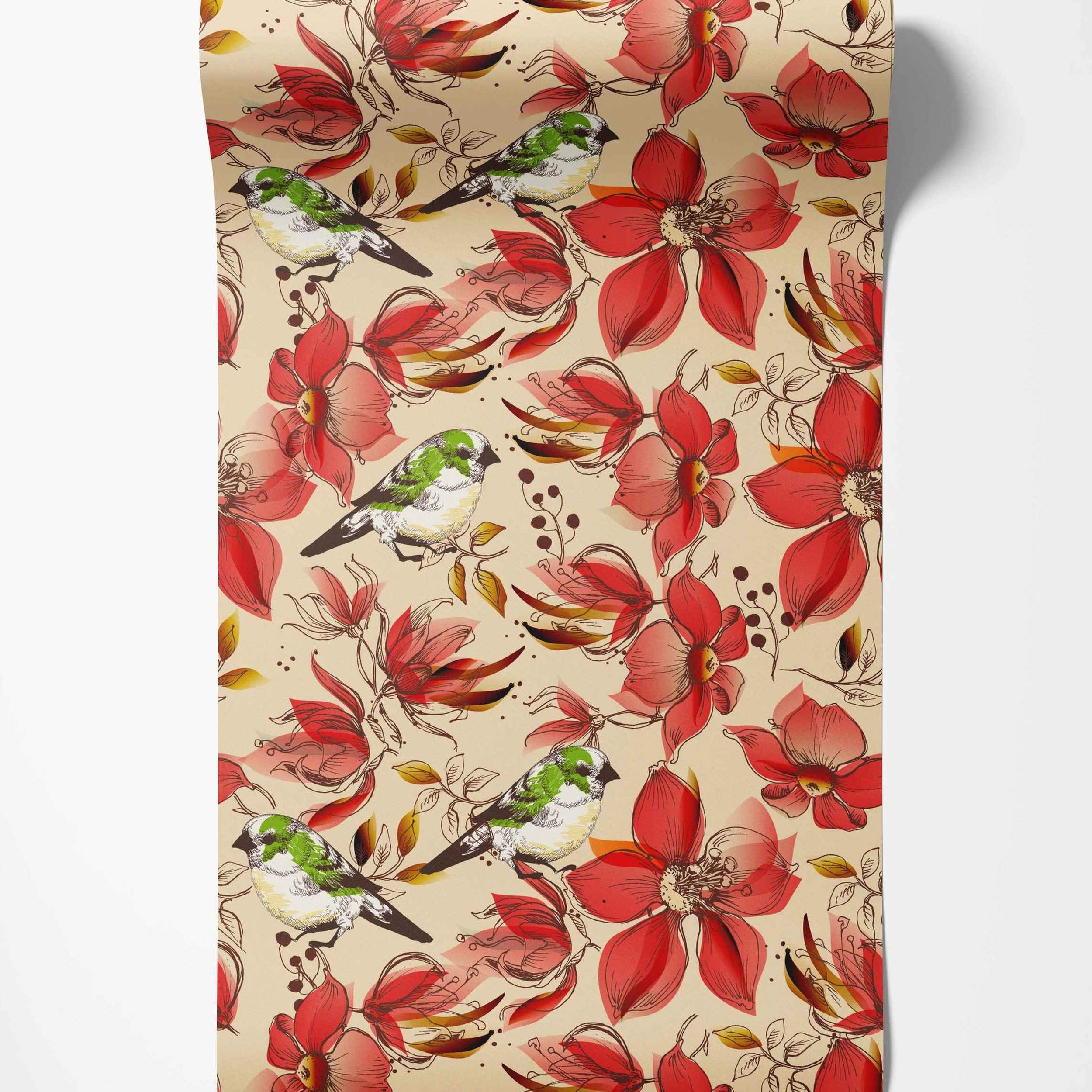 Illustrative wallpaper featuring green birds perched among large, sketchy red flowers on a beige field.