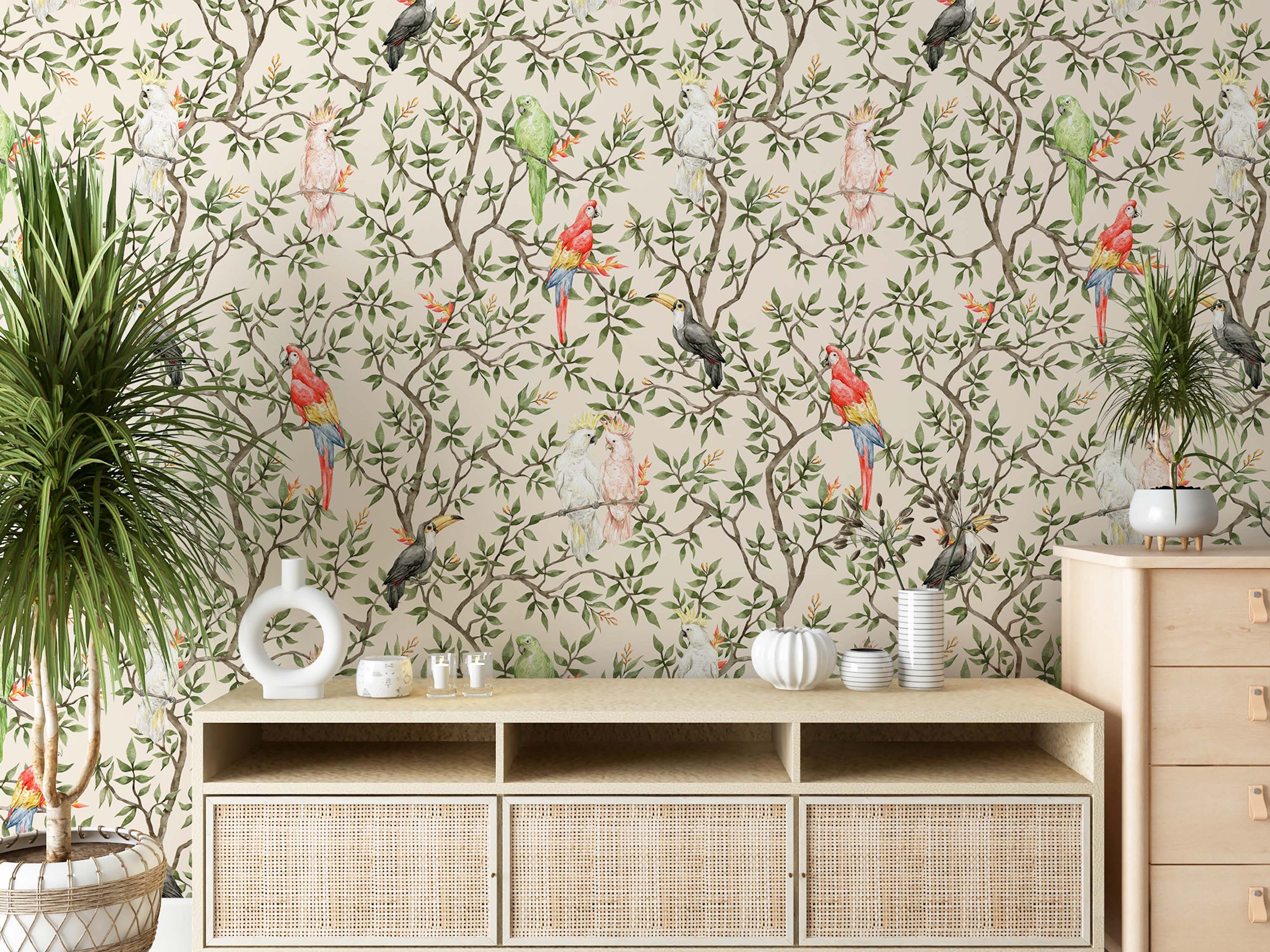 Repeating wallpaper pattern of birds and leaves, with red parrots, green foliage, and colorful tropical birds on a beige background.