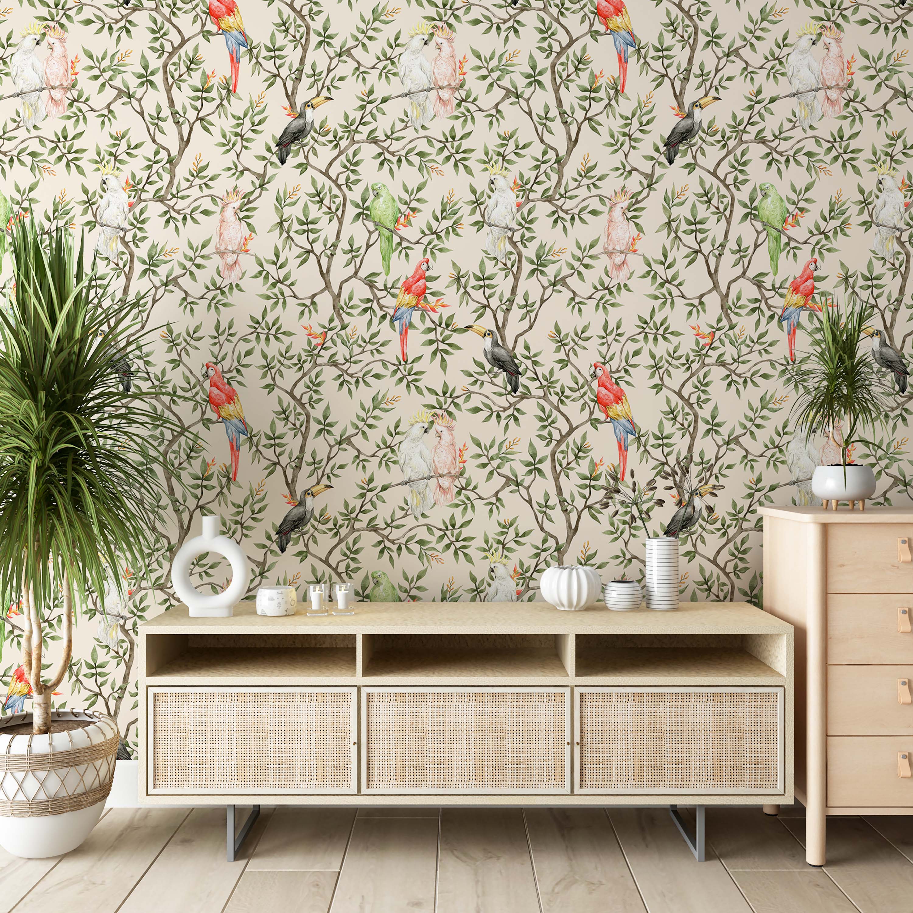 Repeating wallpaper pattern of birds and leaves, with red parrots, green foliage, and colorful tropical birds on a beige background.